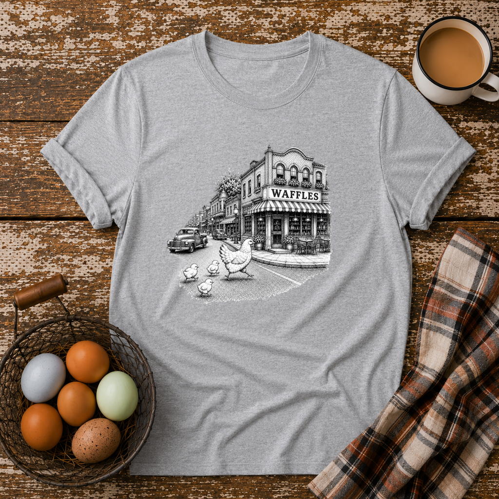 Chickens Going for Waffles T-Shirt in Sport Grey on Shady Hen Mercantile Evergreen mockup
