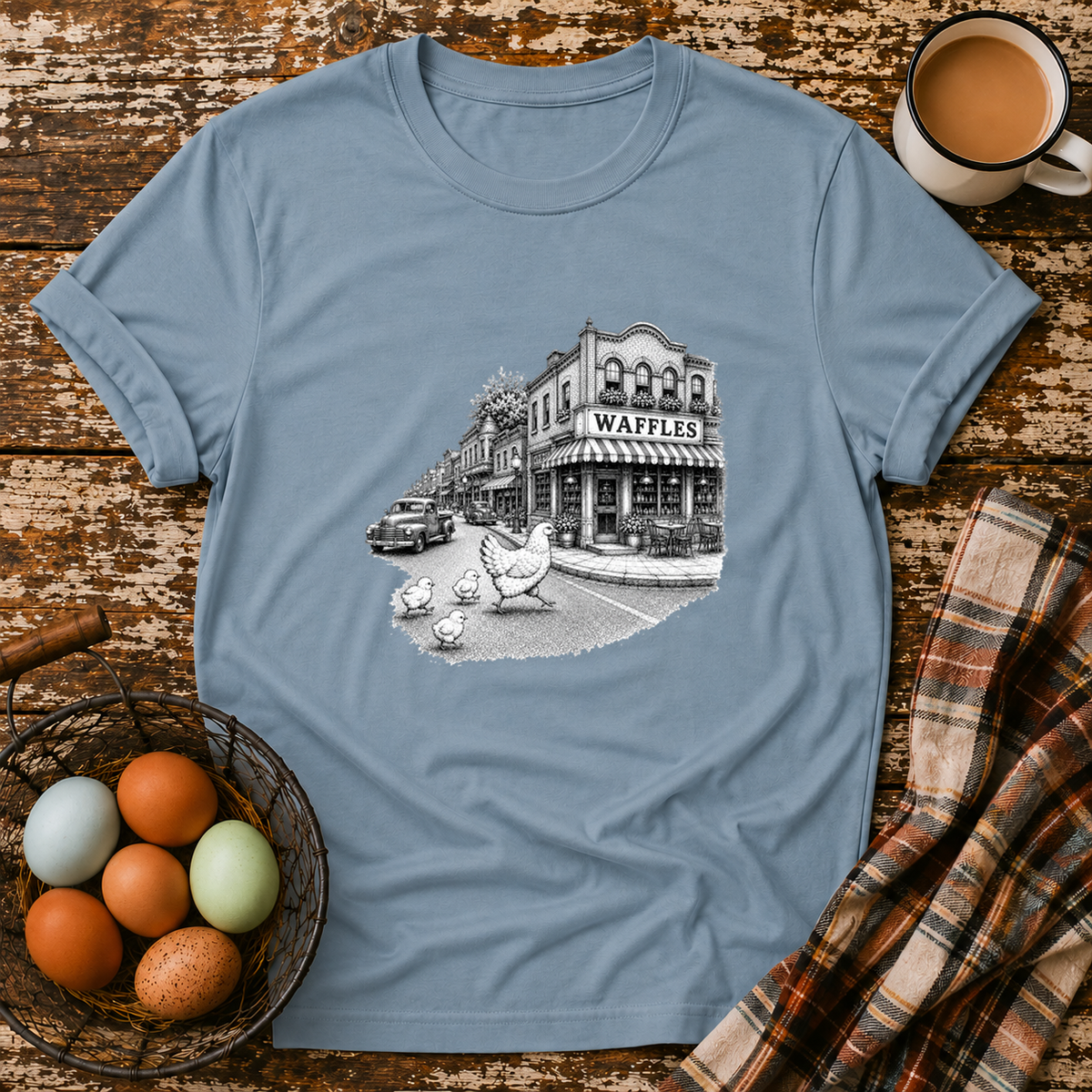 Chickens Going for Waffles T-Shirt in Stone Blue on Shady Hen Mercantile Evergreen mockup