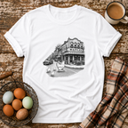 Chickens Going for Waffles T-Shirt in White on Shady Hen Mercantile Evergreen mockup