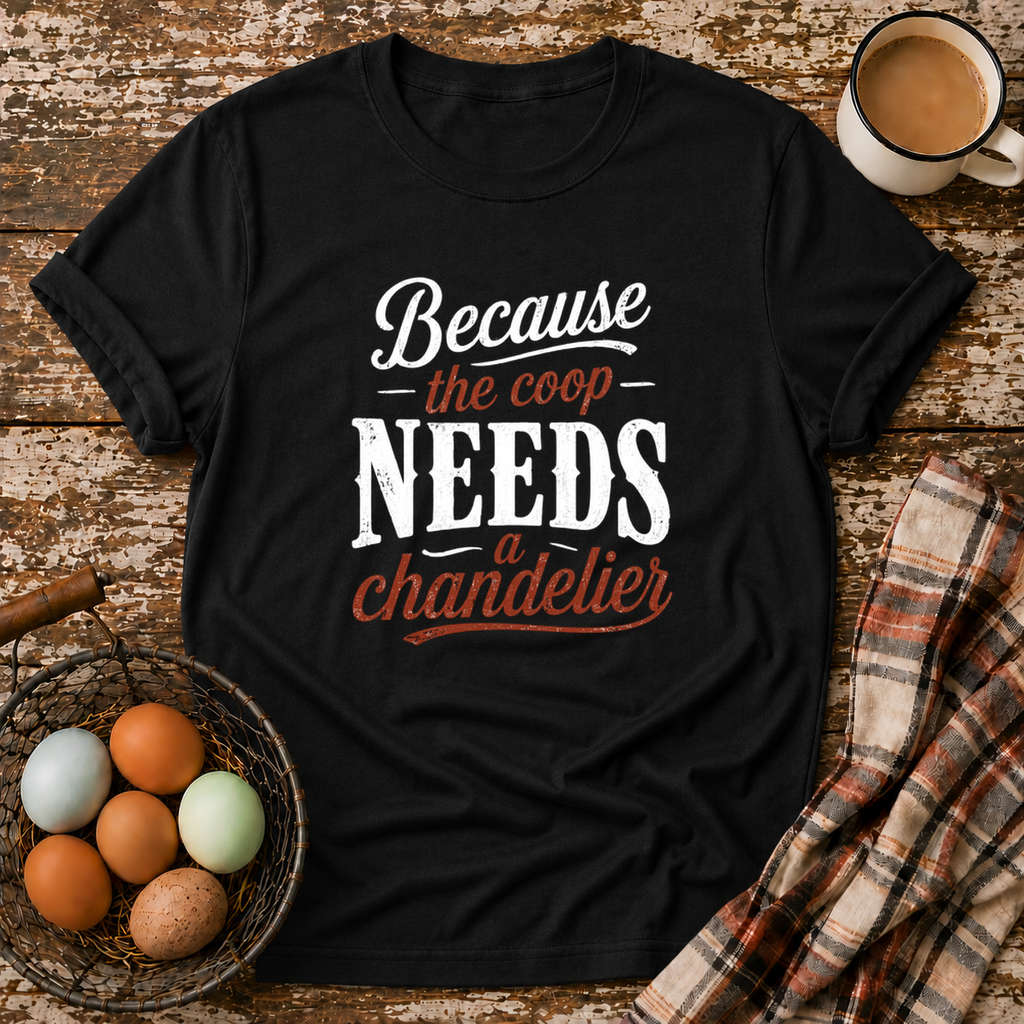 Coop Needs A Chandelier T-Shirt in Black on Shady Hen Mercantile Evergreen mockup