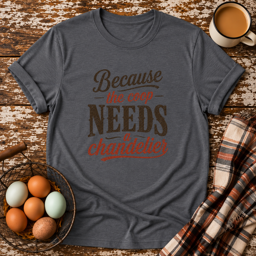Coop Needs A Chandelier T-Shirt in Graphite Heather on Shady Hen Mercantile Evergreen mockup