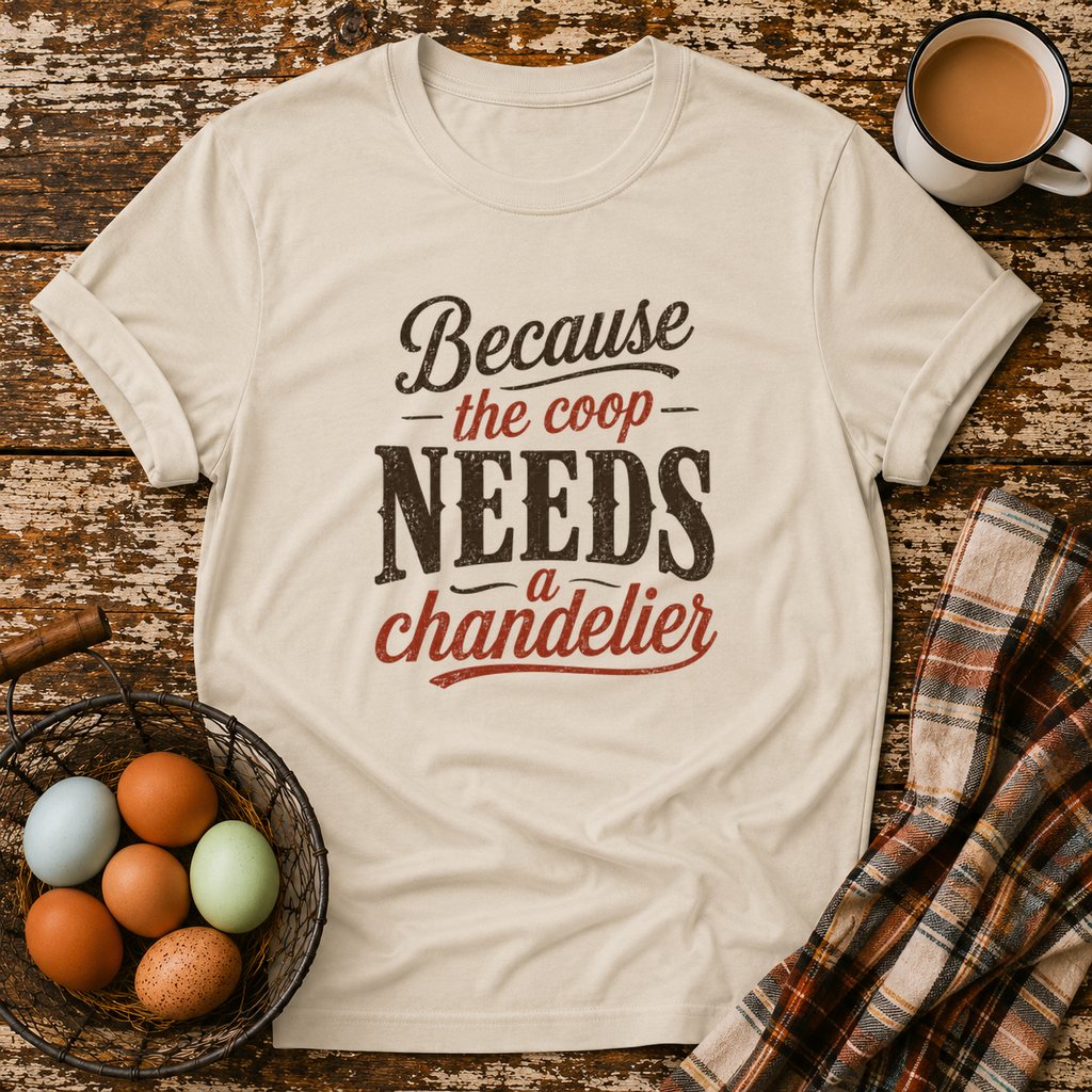 Coop Needs A Chandelier T-Shirt in Sand on Shady Hen Mercantile Evergreen mockup