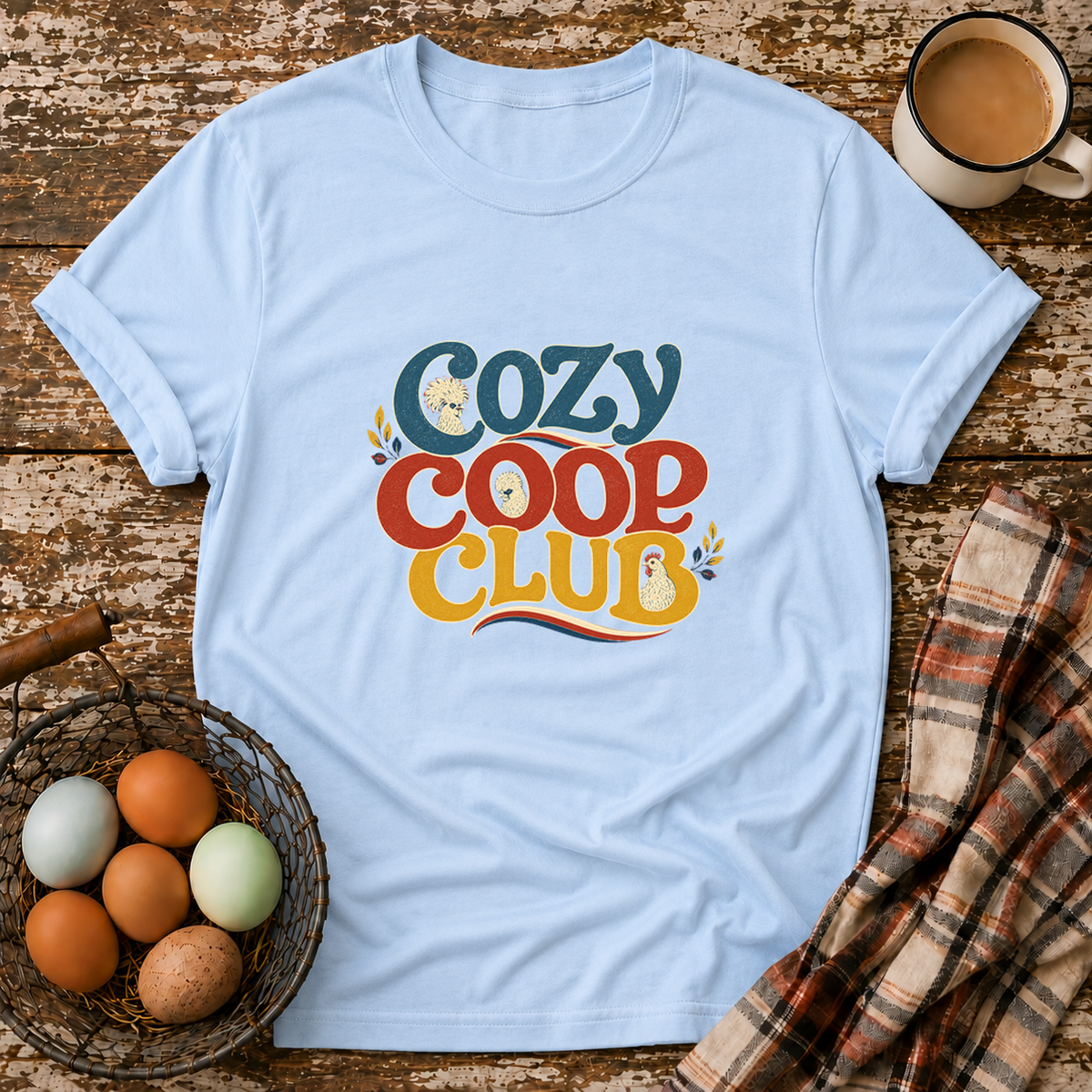 Cozy Coop Club T-Shirt in Light Blue on Shady Hen Mercantile Evergreen mockup