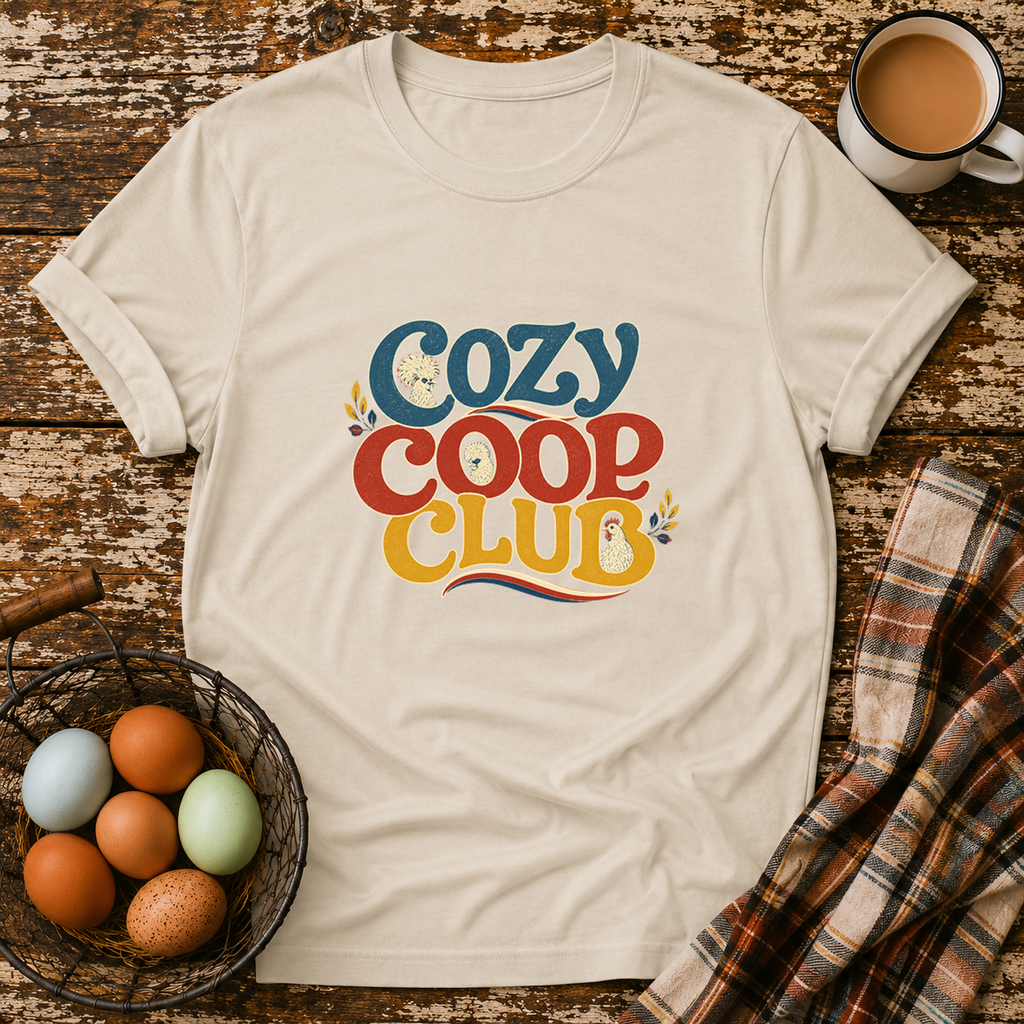 Cozy Coop Club T-Shirt in Sand on Shady Hen Mercantile Evergreen mockup