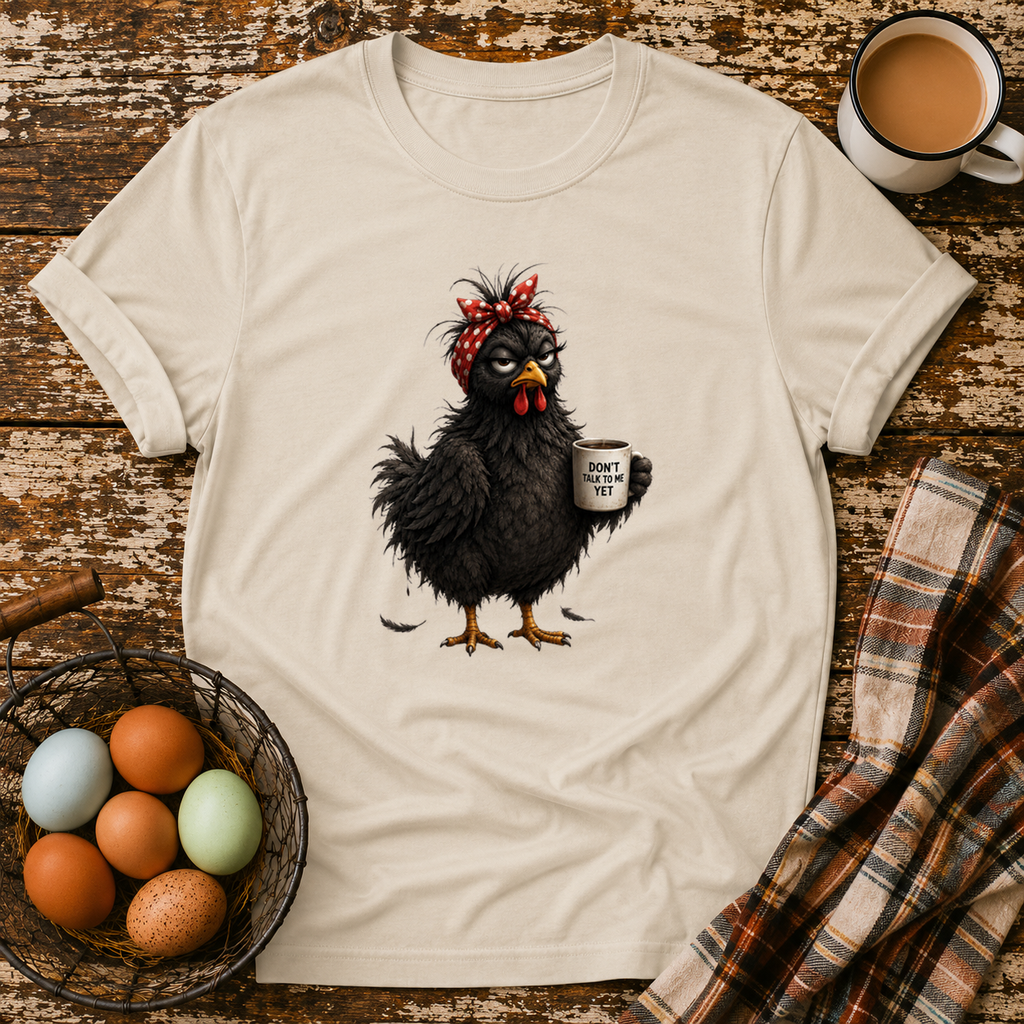 Don't Talk To Me Yet T-Shirt in Sand on Shady Hen Mercantile Evergreen mockup