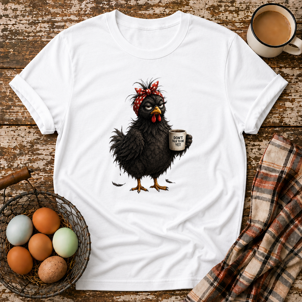Don't Talk To Me Yet T-Shirt in White on Shady Hen Mercantile Evergreen mockup