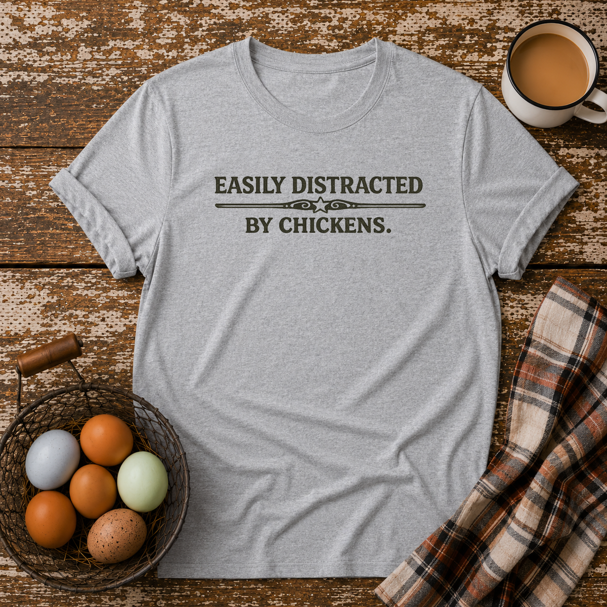 Easily Distracted by Chickens  T-Shirt in Sport Grey on Shady Hen Mercantile Evergreen mockup