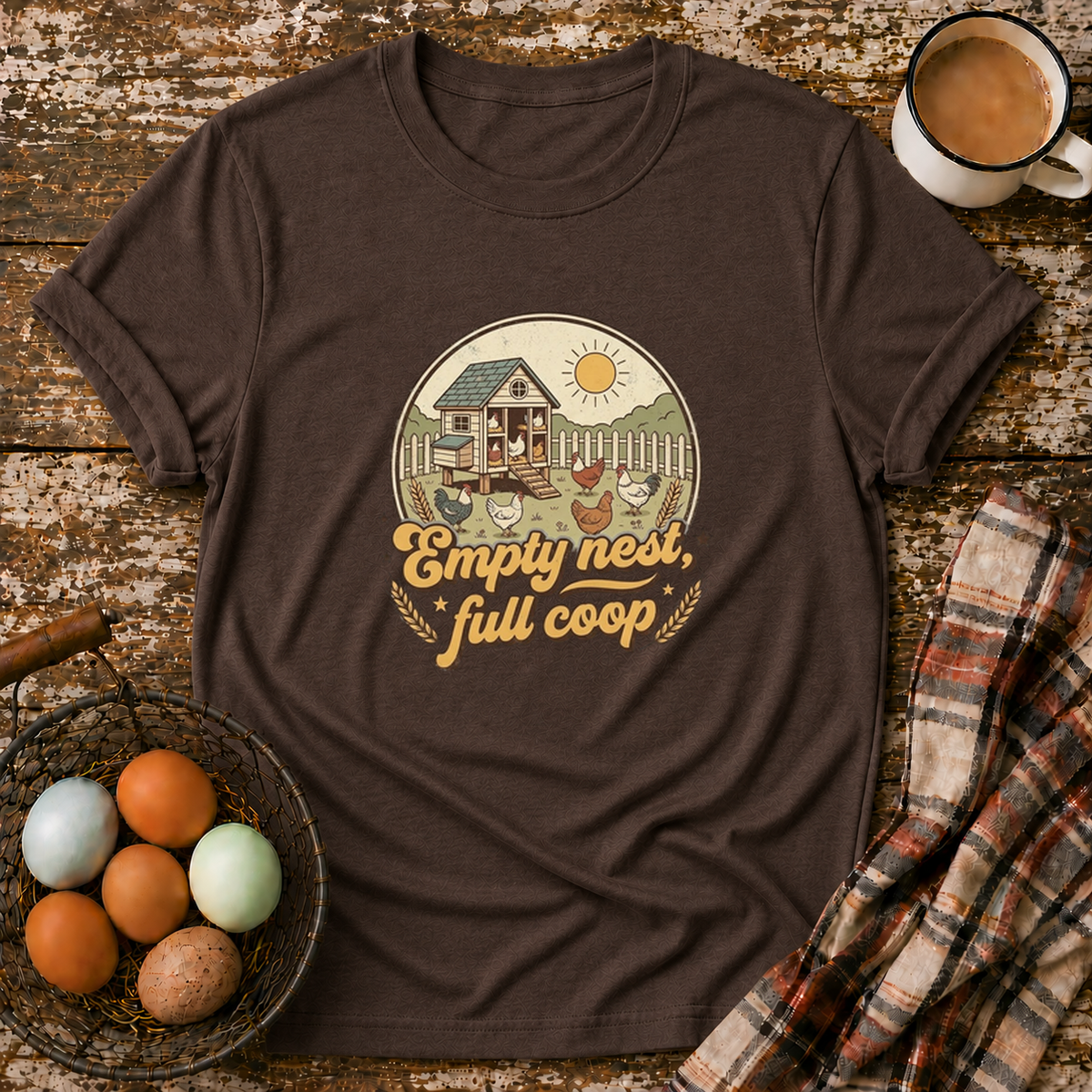 Empty Nest Full Coop T-Shirt in Dark Chocolate on Shady Hen Mercantile Evergreen mockup