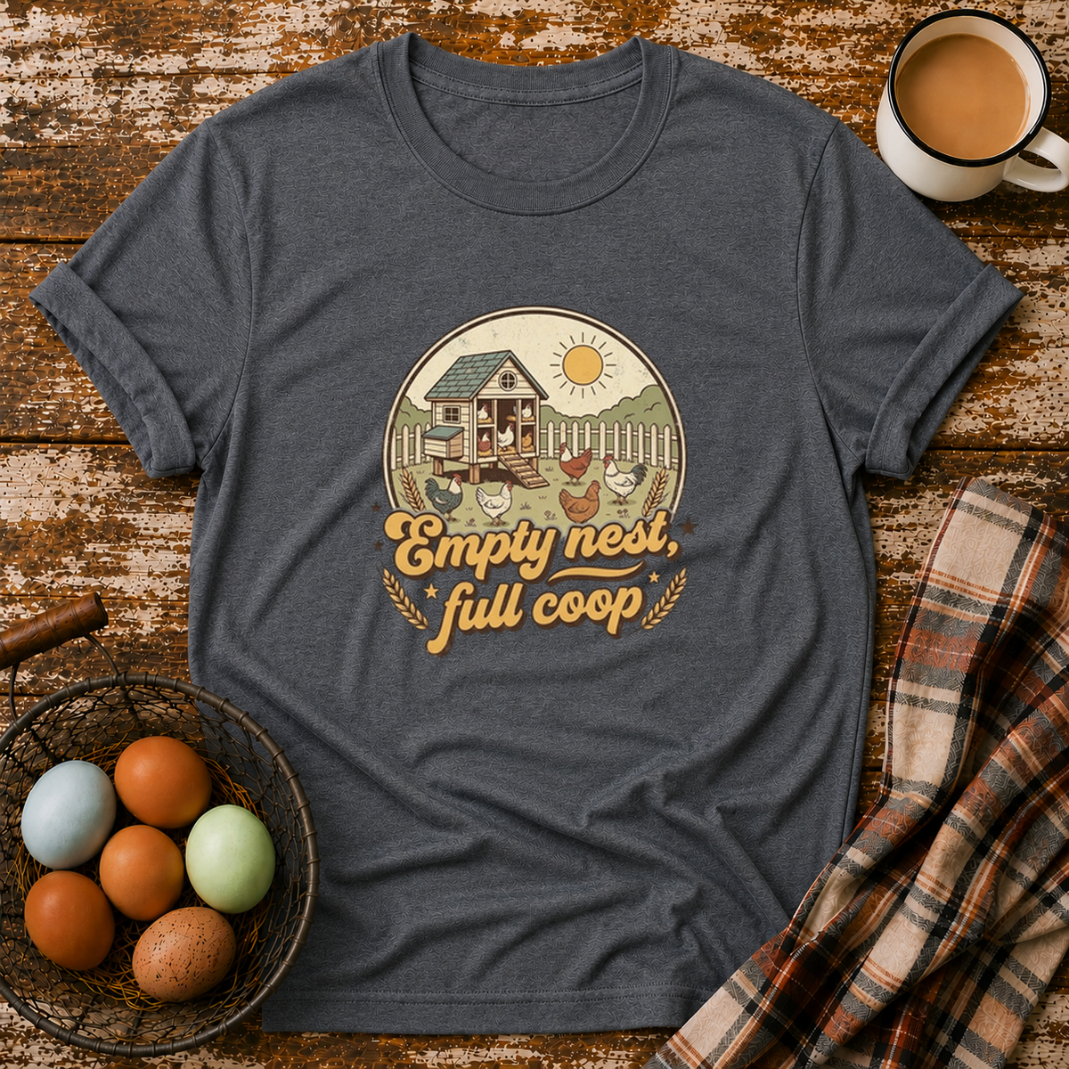 Empty Nest Full Coop T-Shirt in Dark Heather on Shady Hen Mercantile Evergreen mockup