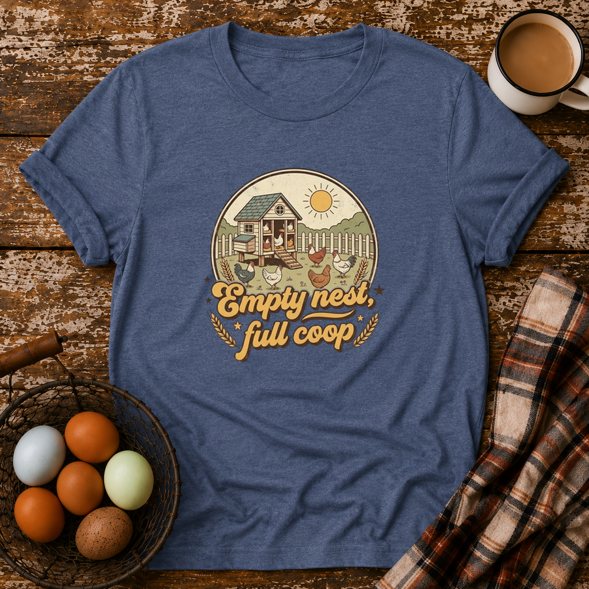 Empty Nest Full Coop T-Shirt in Heather Indigo on Shady Hen Mercantile Evergreen mockup