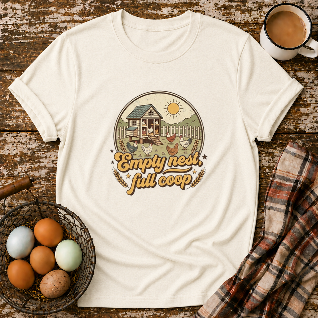 Empty Nest Full Coop T-Shirt in Natural on Shady Hen Mercantile Evergreen mockup