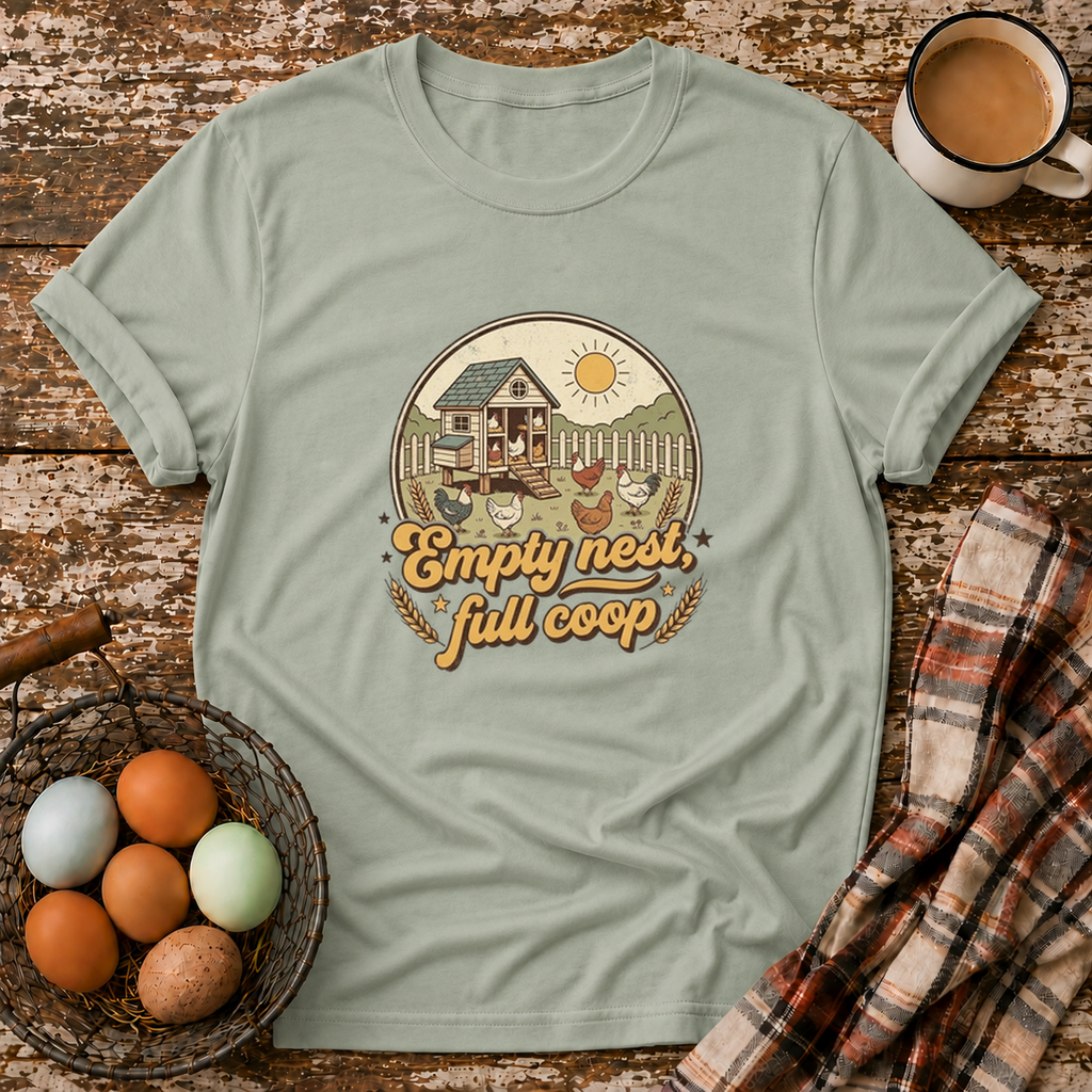 Empty Nest Full Coop T-Shirt in Sage on Shady Hen Mercantile Evergreen mockup