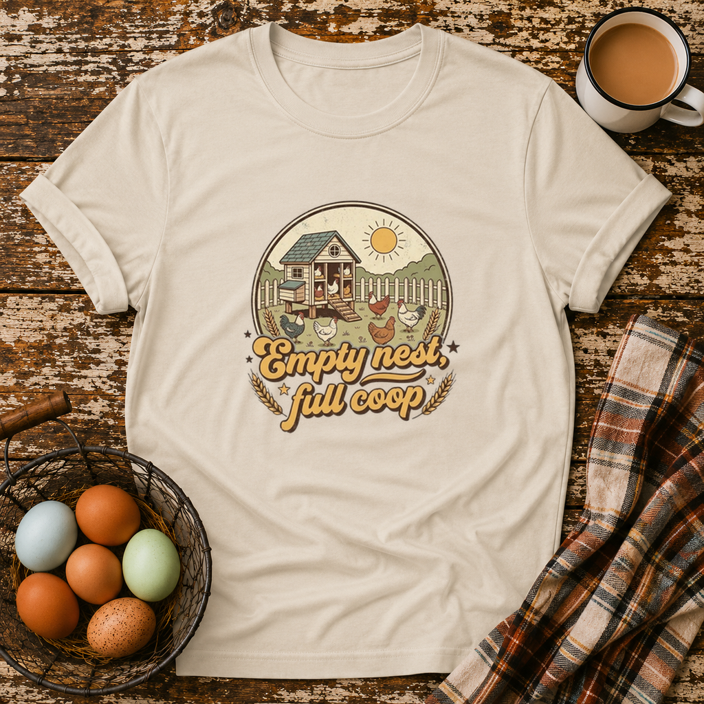 Empty Nest Full Coop T-Shirt in Sand on Shady Hen Mercantile Evergreen mockup