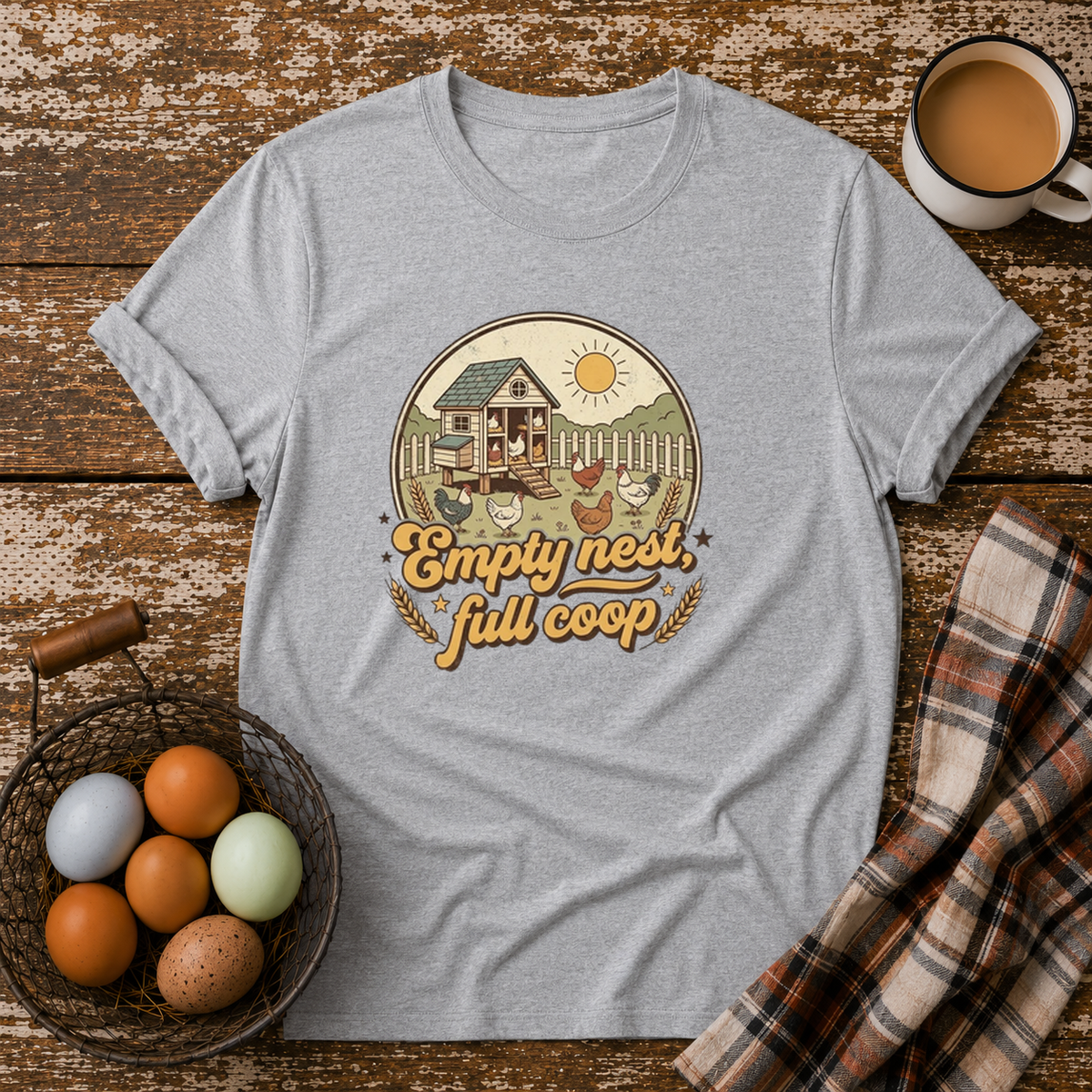 Empty Nest Full Coop T-Shirt in Sport Grey on Shady Hen Mercantile Evergreen mockup