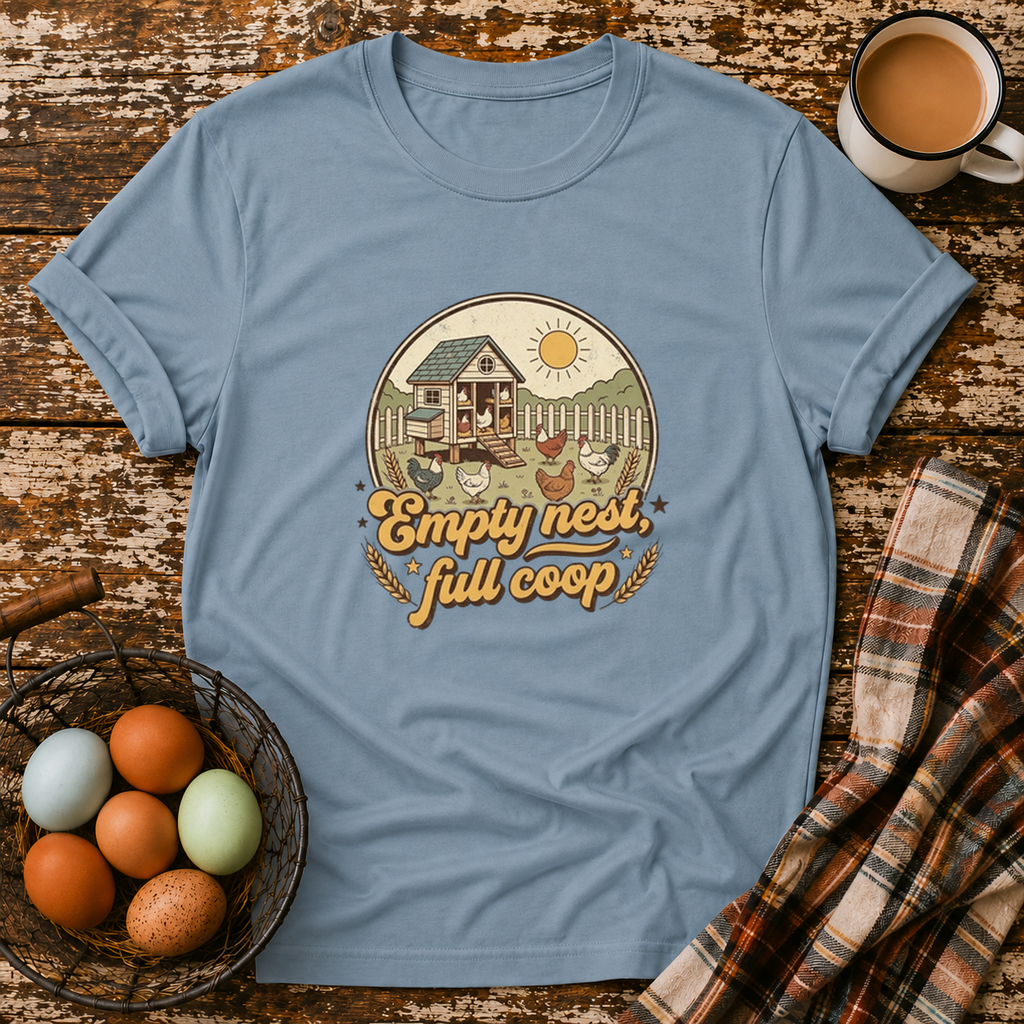 Empty Nest Full Coop T-Shirt in Stone Blue on Shady Hen Mercantile Evergreen mockup