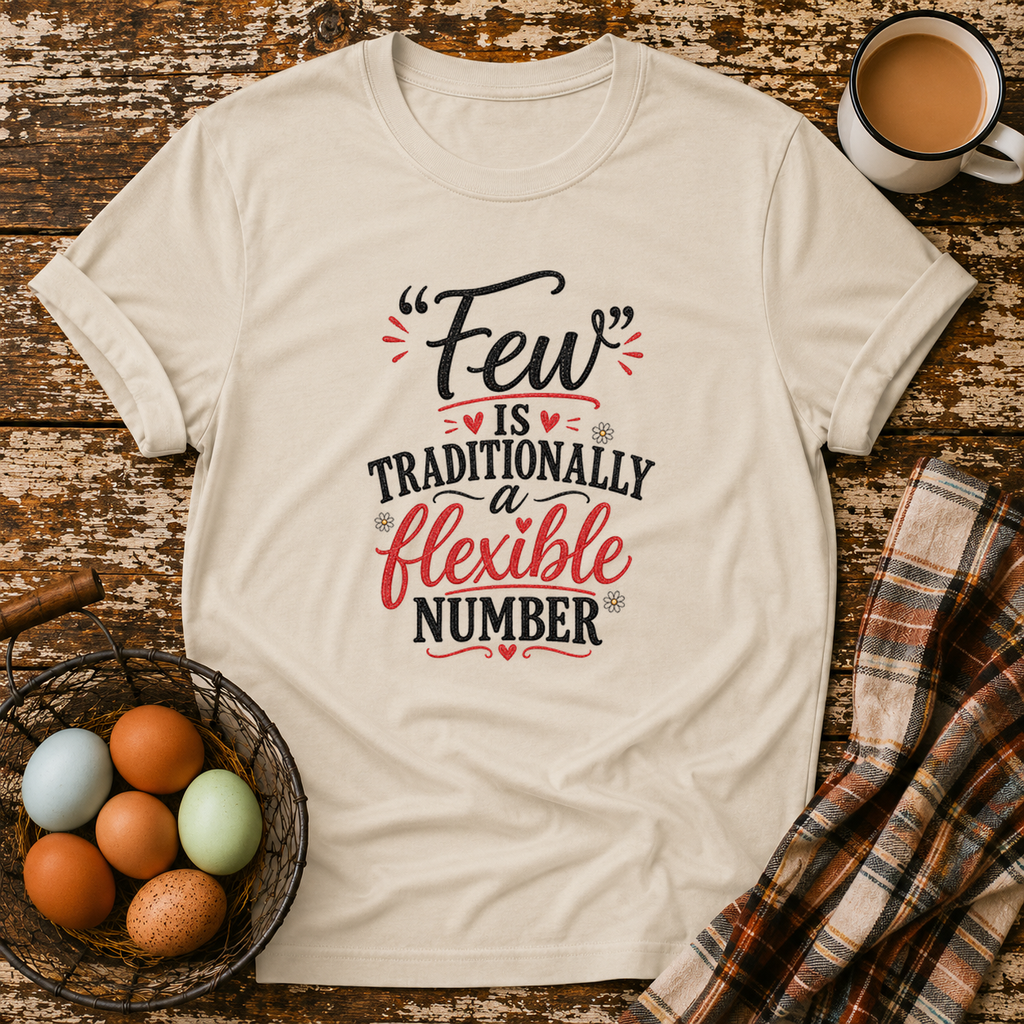 Few Is Flexible T-Shirt in Sand on Shady Hen Mercantile Evergreen mockup