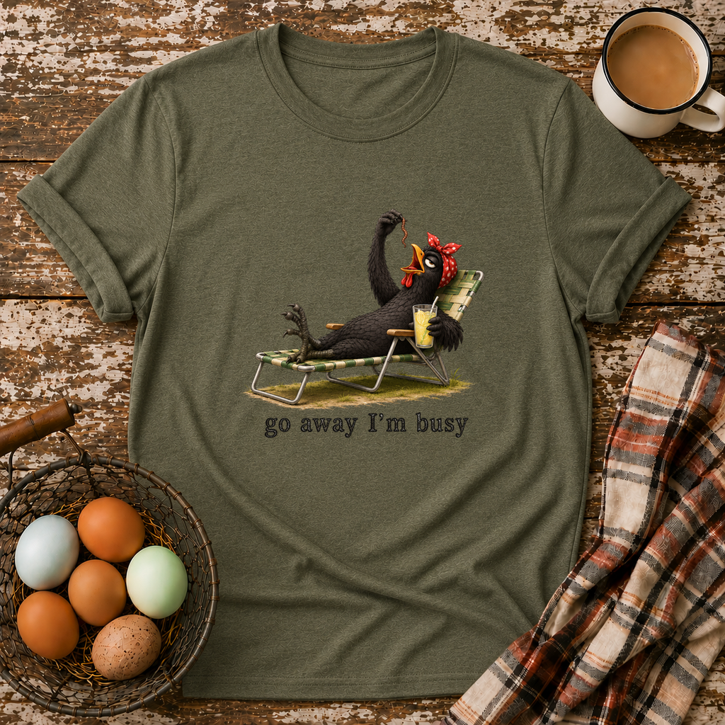 Go Away I'm Busy T-Shirt in Heather Military Green on Shady Hen Mercantile Evergreen mockup