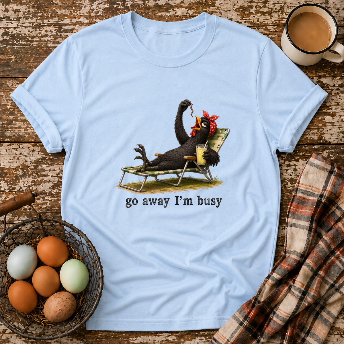 Go Away I'm Busy T-Shirt in Light Blue on Shady Hen Mercantile Evergreen mockup