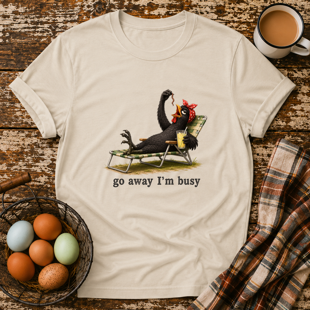 Go Away I'm Busy T-Shirt in Sand on Shady Hen Mercantile Evergreen mockup