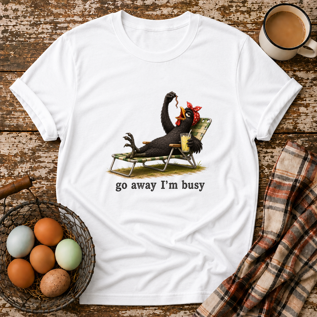 Go Away I'm Busy T-Shirt in White on Shady Hen Mercantile Evergreen mockup