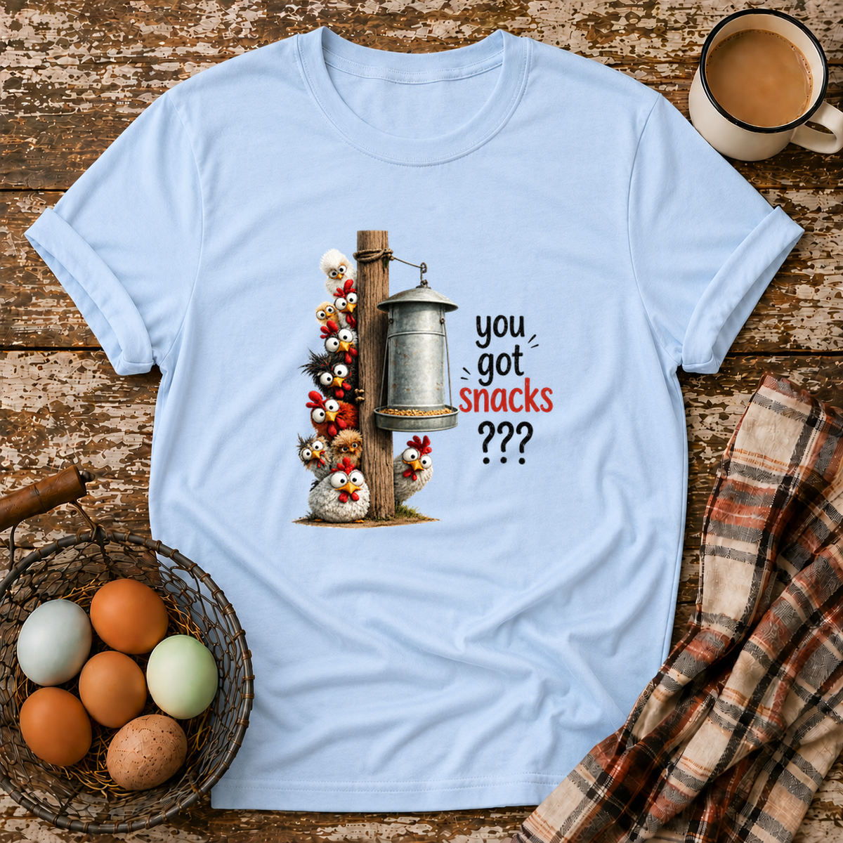Got Snacks T-Shirt in Light Blue on Shady Hen Mercantile Evergreen mockup