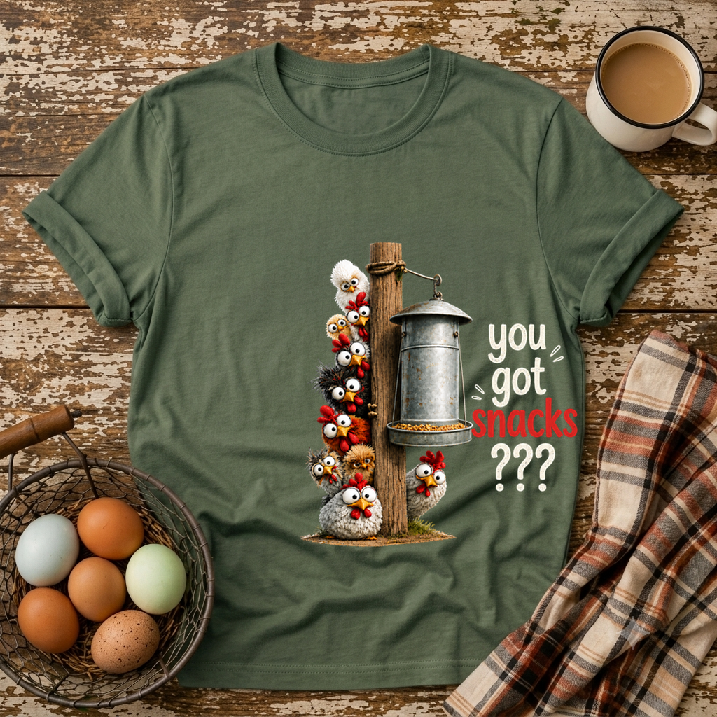 Got Snacks T-Shirt in Military Green on Shady Hen Mercantile Evergreen mockup