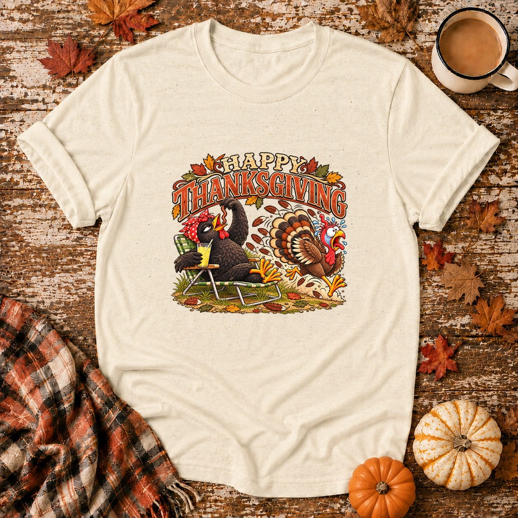 Happy Thanksgiving Funny Chicken & Turkey T-Shirt in Natural