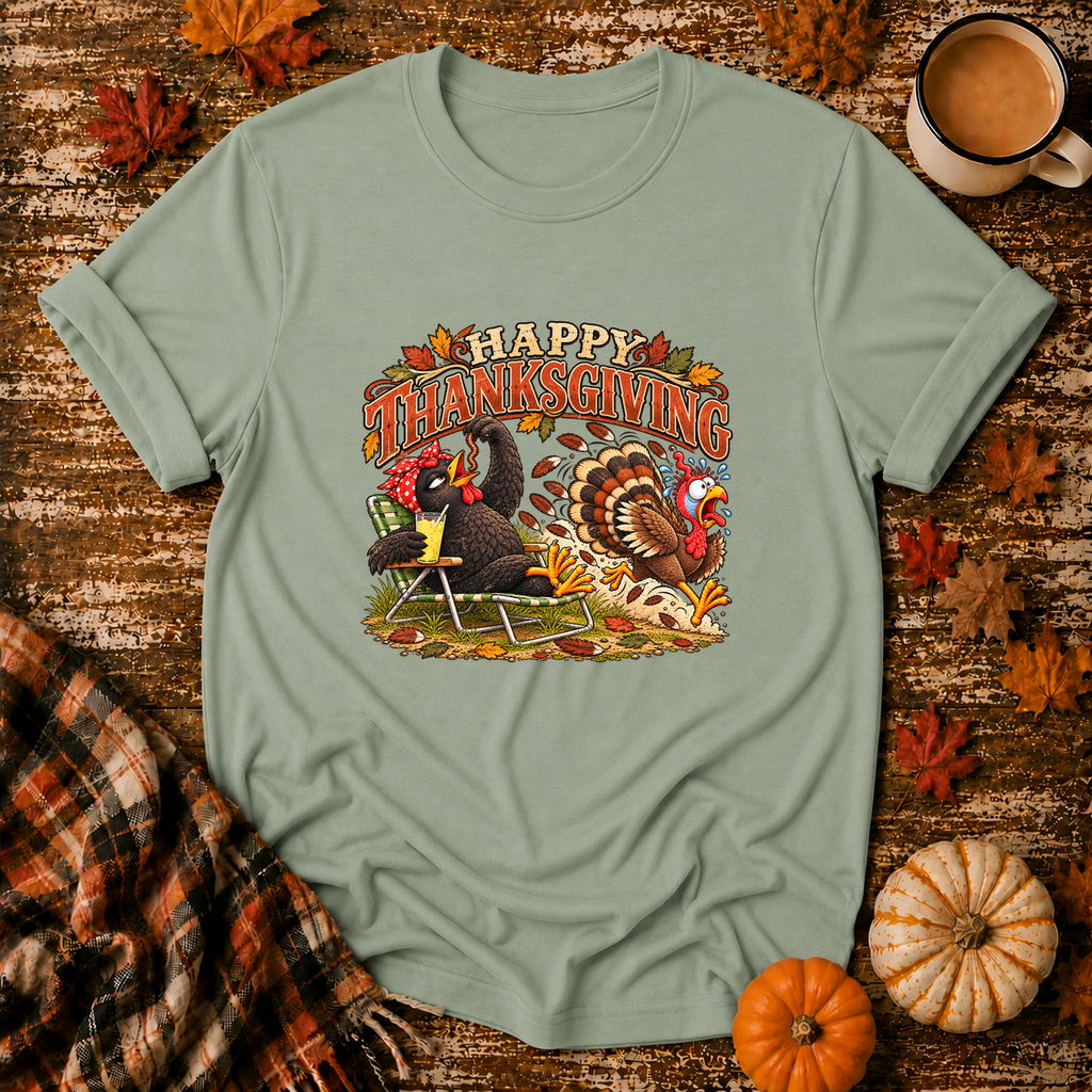 Happy Thanksgiving Funny Chicken & Turkey T-Shirt in Sage