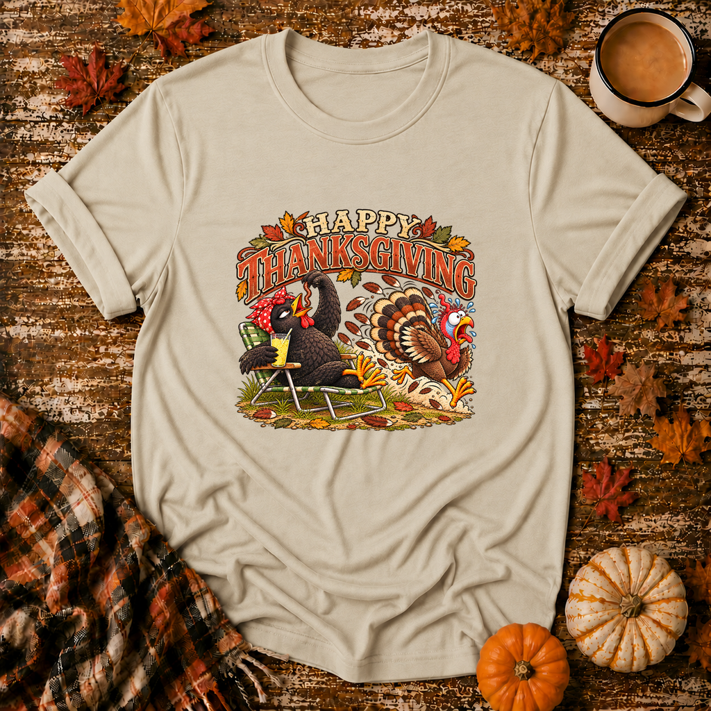 Happy Thanksgiving Funny Chicken & Turkey T-Shirt in Sand