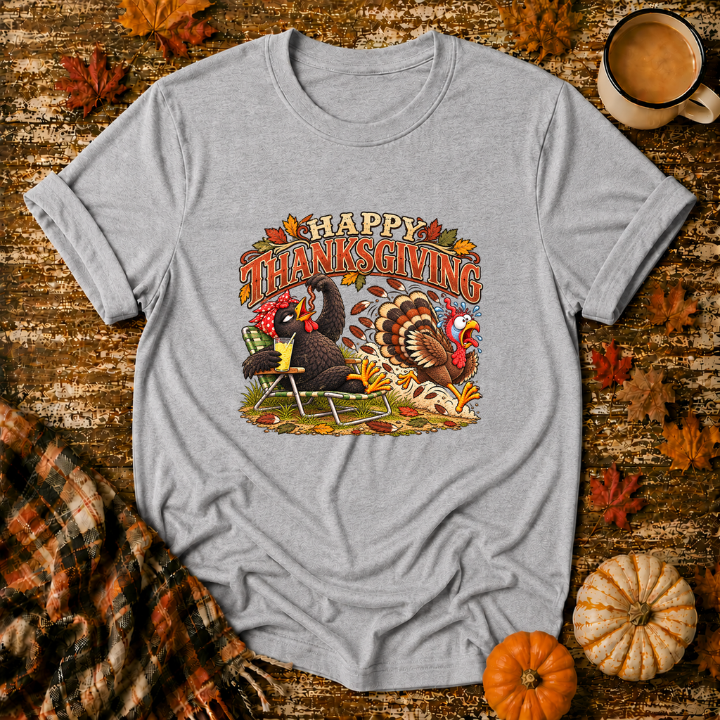 Happy Thanksgiving Funny Chicken & Turkey T-Shirt in Sport Grey