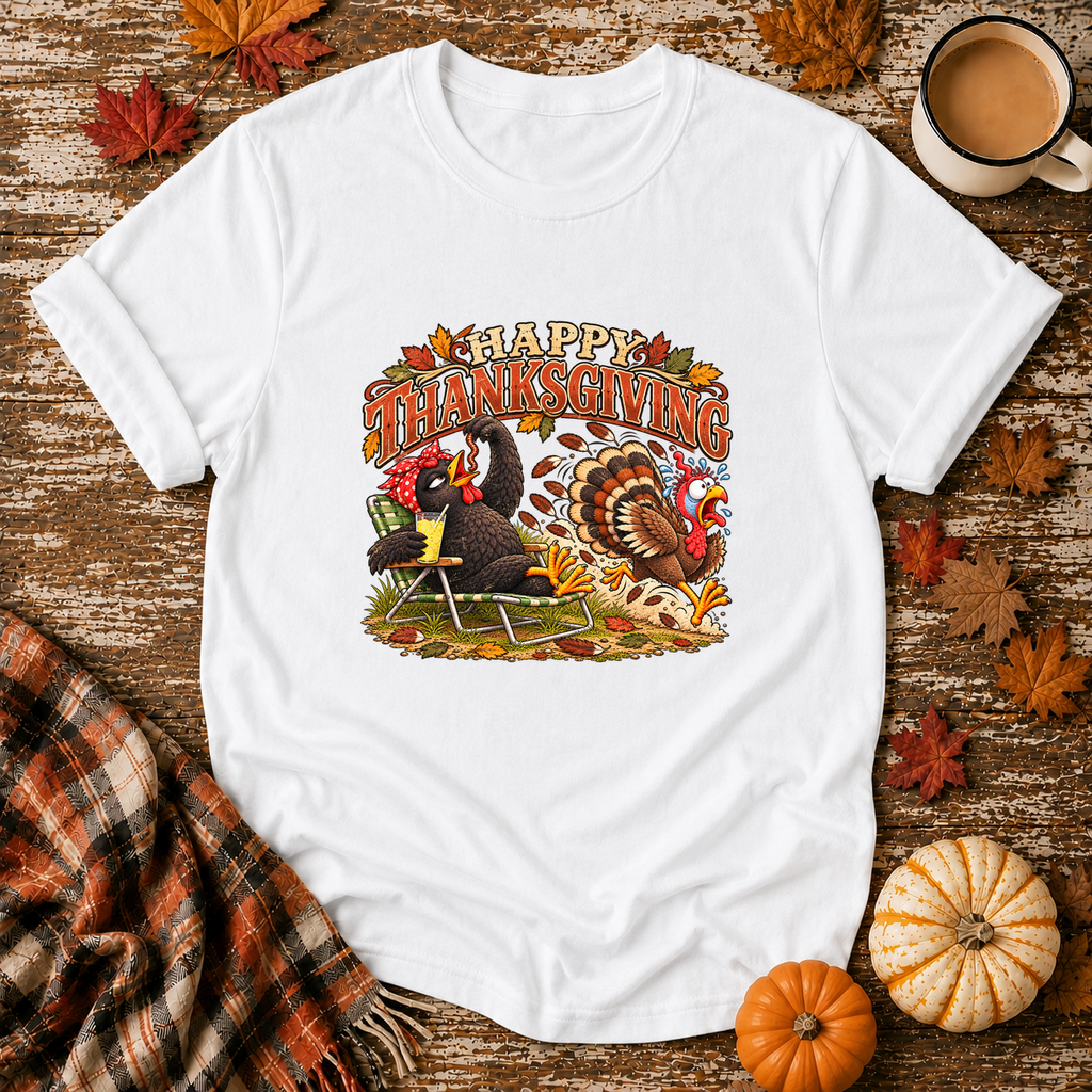 Happy Thanksgiving Funny Chicken & Turkey T-Shirt in White