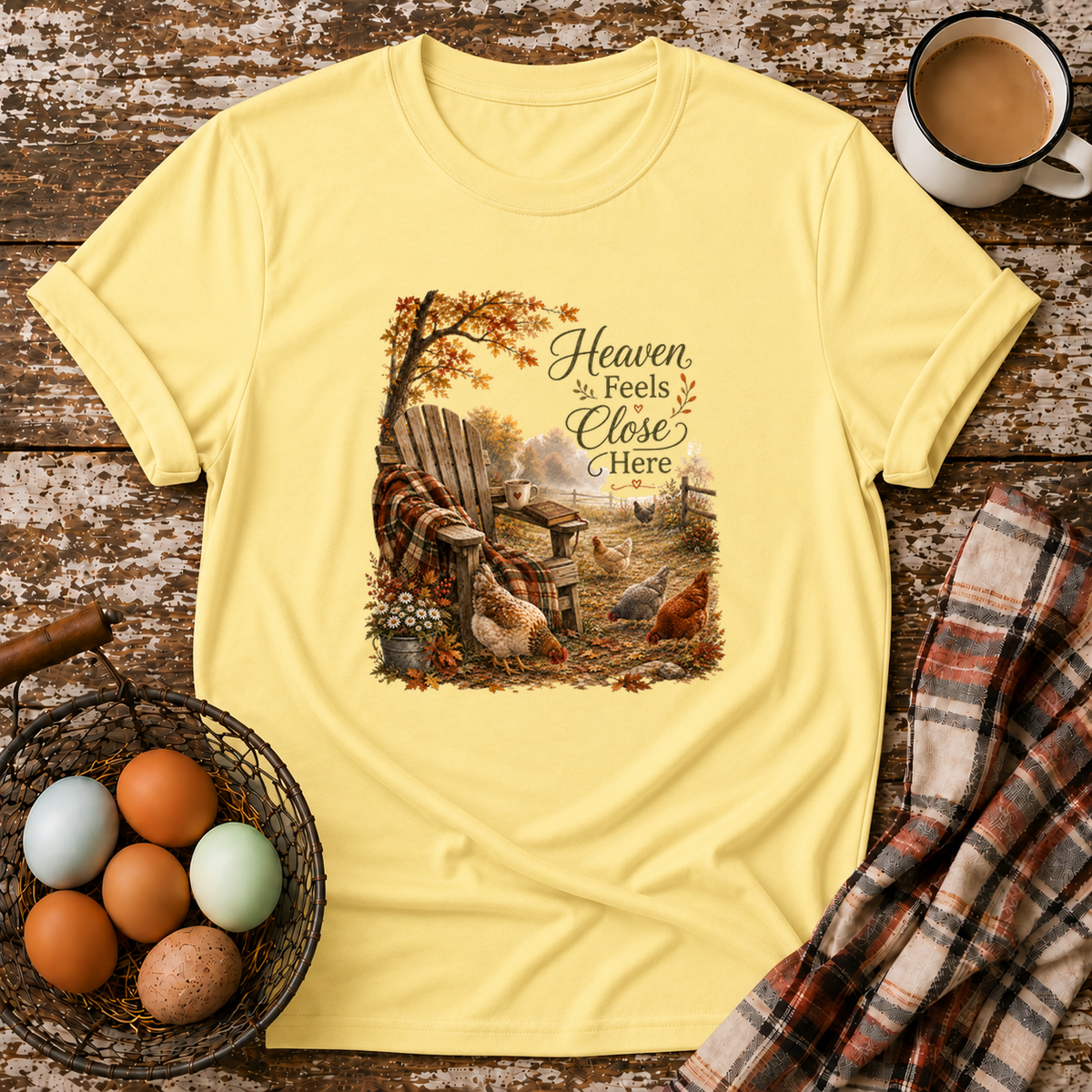 Heaven Feels Close Here T-Shirt in Cornsilk on Shady Hen Mercantile Evergreen mockup