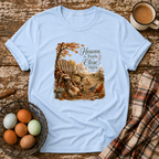Heaven Feels Close Here T-Shirt in Light Blue on Shady Hen Mercantile Evergreen mockup