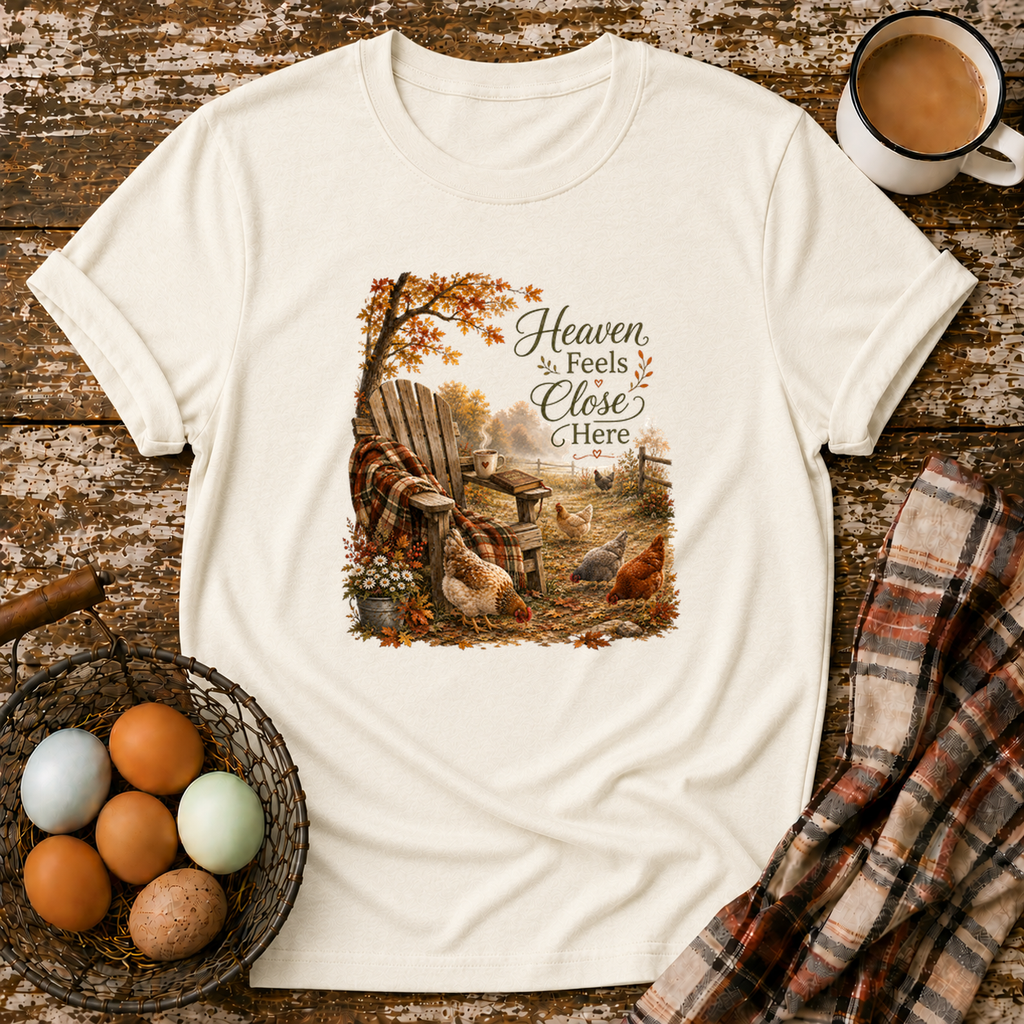 Heaven Feels Close Here T-Shirt in Natural on Shady Hen Mercantile Evergreen mockup