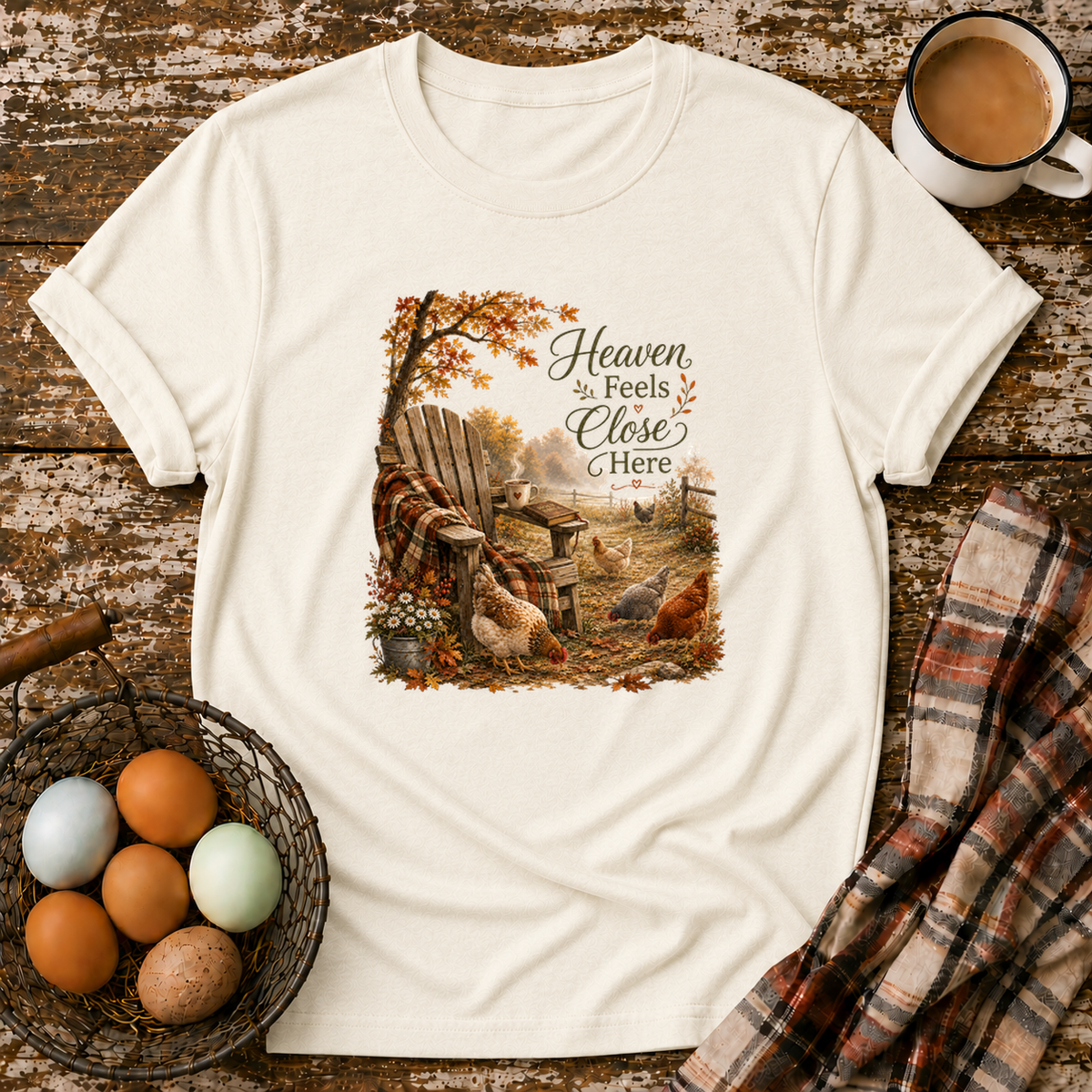 Heaven Feels Close Here T-Shirt in Natural on Shady Hen Mercantile Evergreen mockup