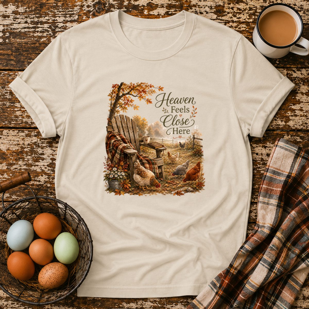 Heaven Feels Close Here T-Shirt in Sand on Shady Hen Mercantile Evergreen mockup