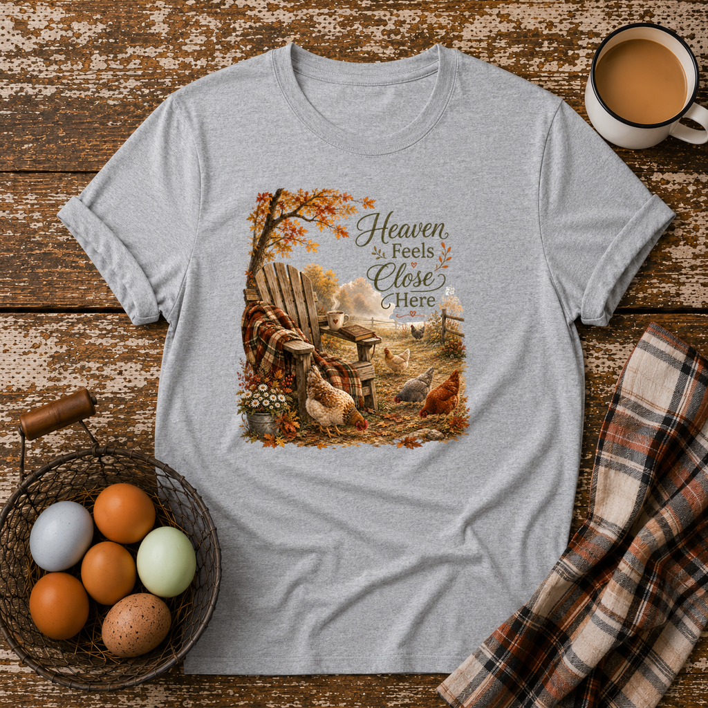 Heaven Feels Close Here T-Shirt in Sport Grey on Shady Hen Mercantile Evergreen mockup