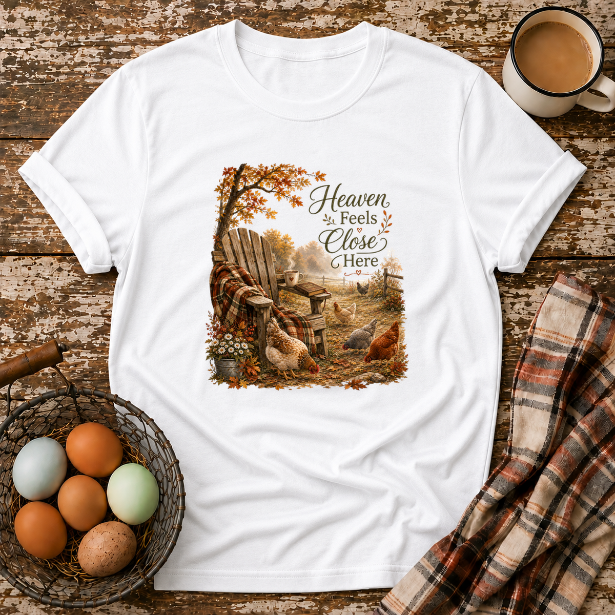 Heaven Feels Close Here T-Shirt in White on Shady Hen Mercantile Evergreen mockup