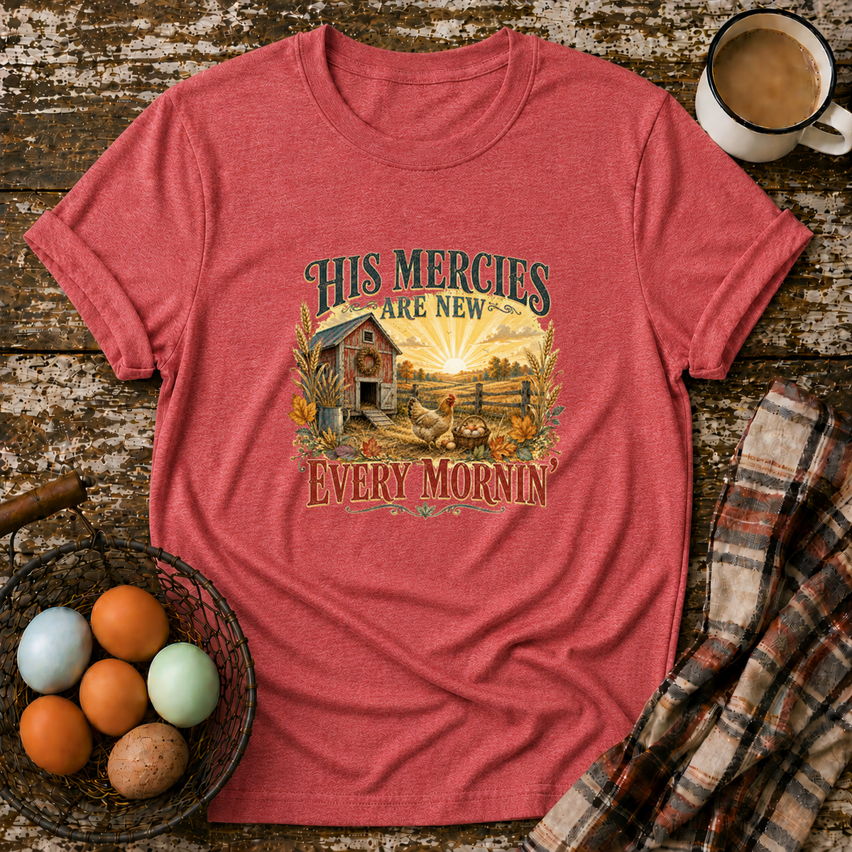His Mercies Are New Every Mornin'  T-Shirt in Heather Red on Shady Hen Mercantile Evergreen mockup