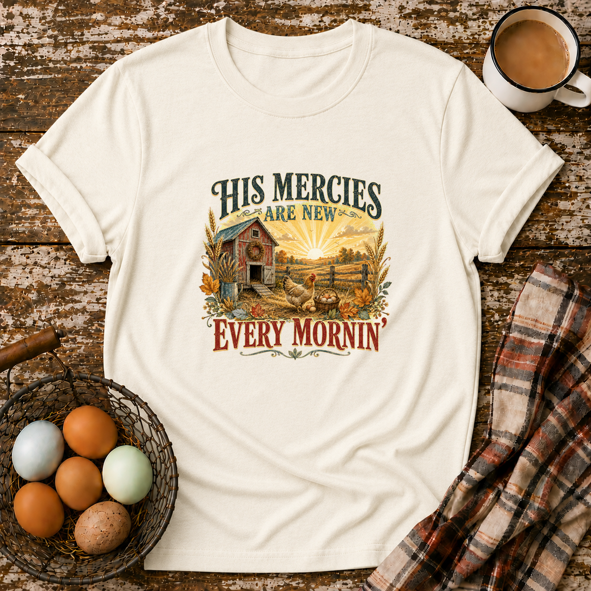 His Mercies Are New Every Mornin'  T-Shirt in Natural on Shady Hen Mercantile Evergreen mockup