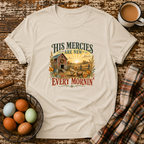 His Mercies Are New Every Mornin'  T-Shirt in Sand on Shady Hen Mercantile Evergreen mockup