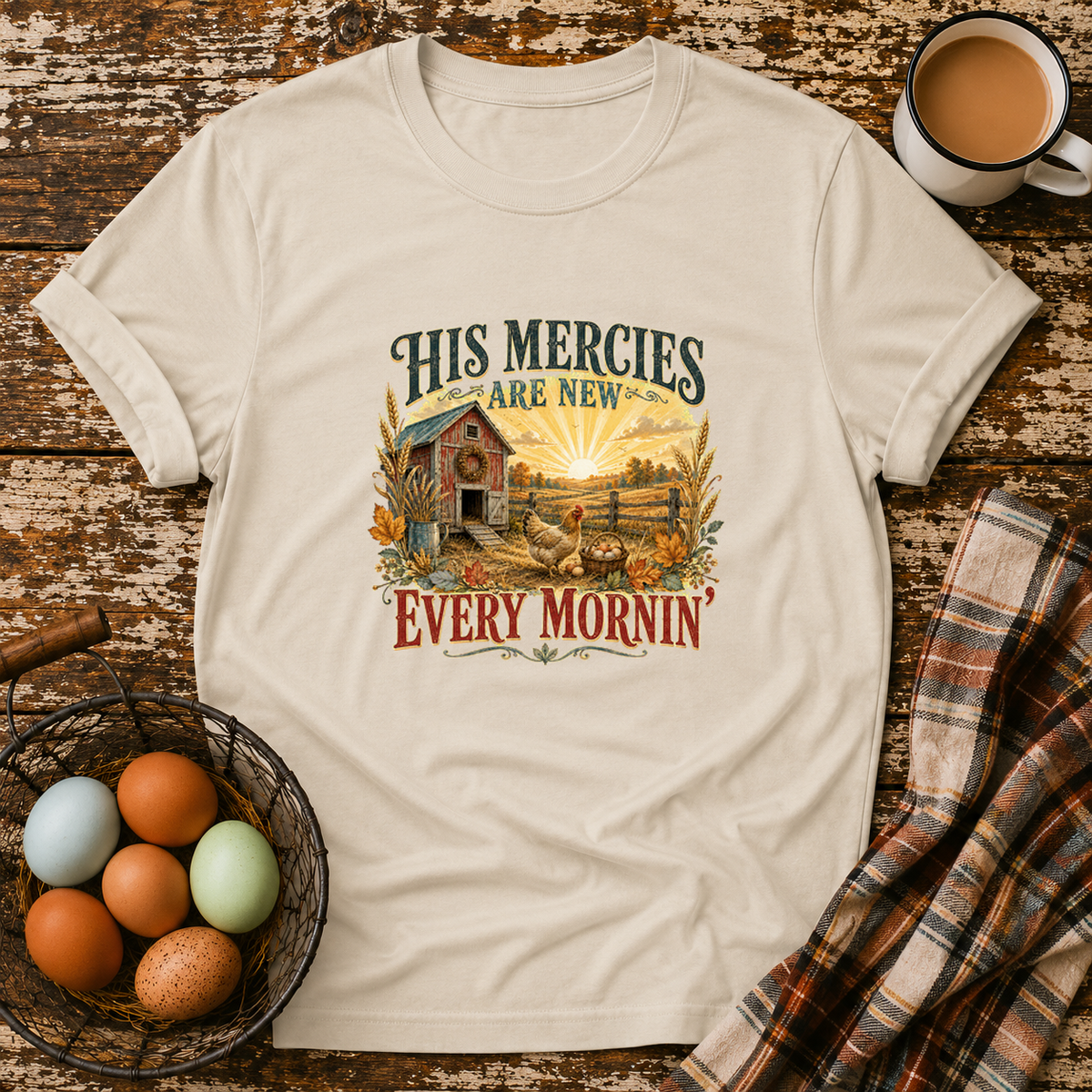 His Mercies Are New Every Mornin'  T-Shirt in Sand on Shady Hen Mercantile Evergreen mockup