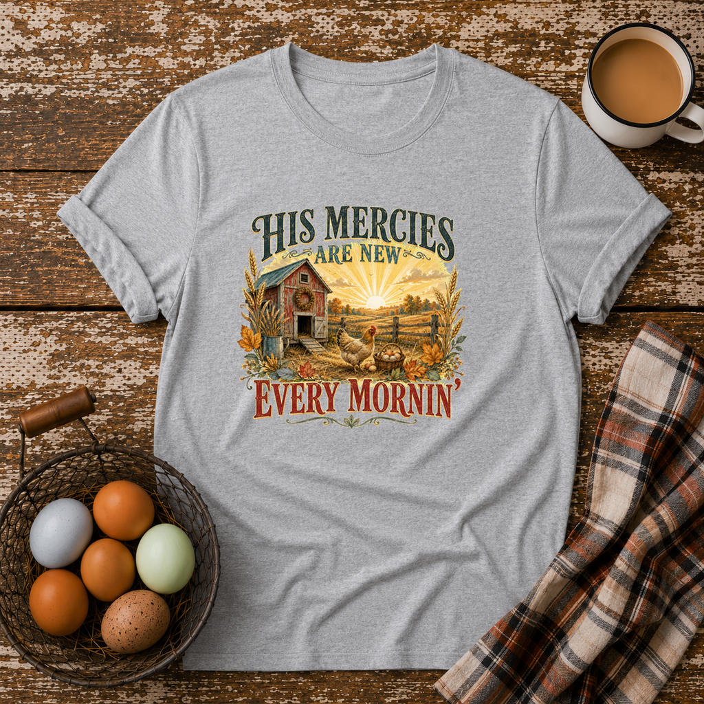 His Mercies Are New Every Mornin'  T-Shirt in Sport Grey on Shady Hen Mercantile Evergreen mockup