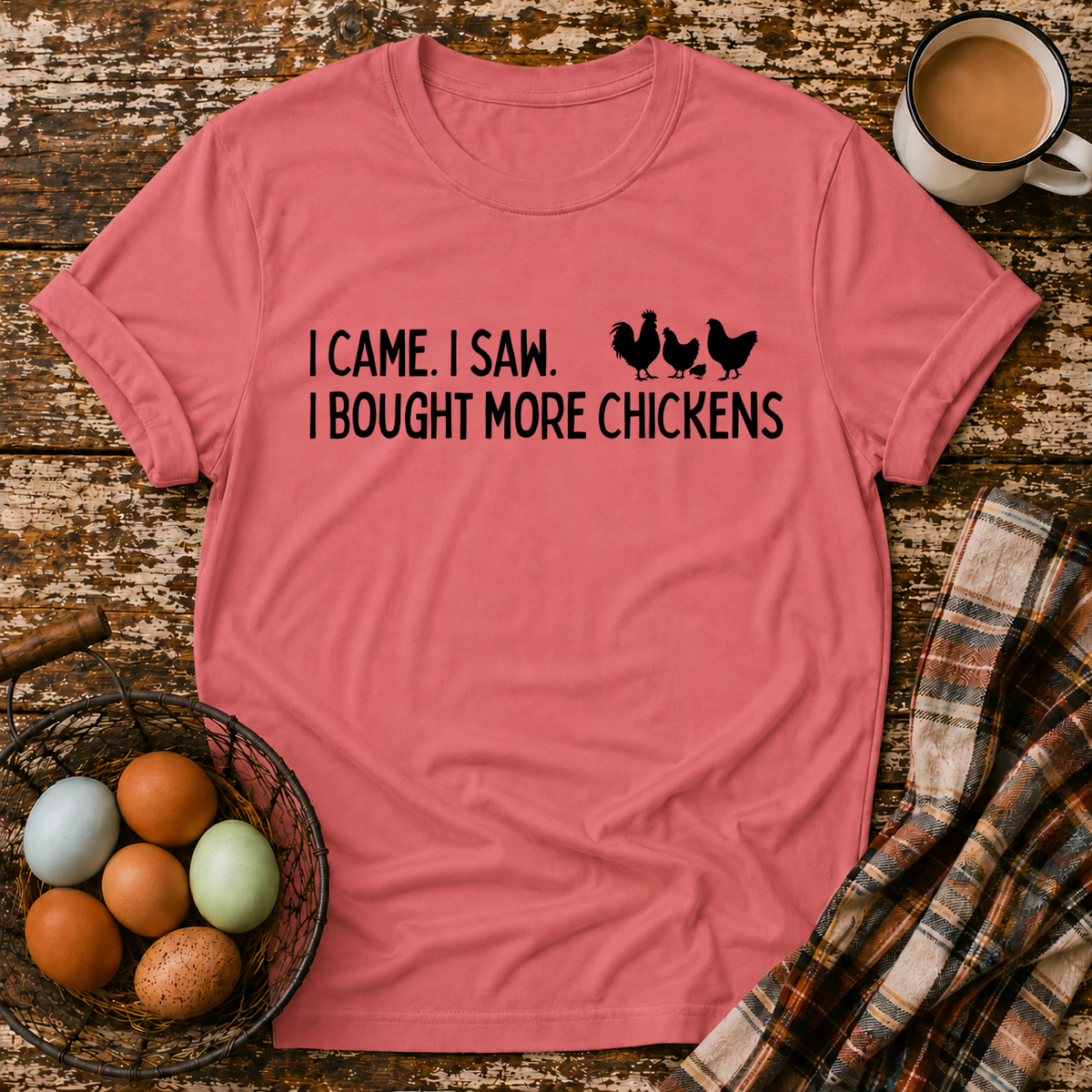 I Came I Saw T-Shirt in Coral Silk on Shady Hen Mercantile Evergreen mockup