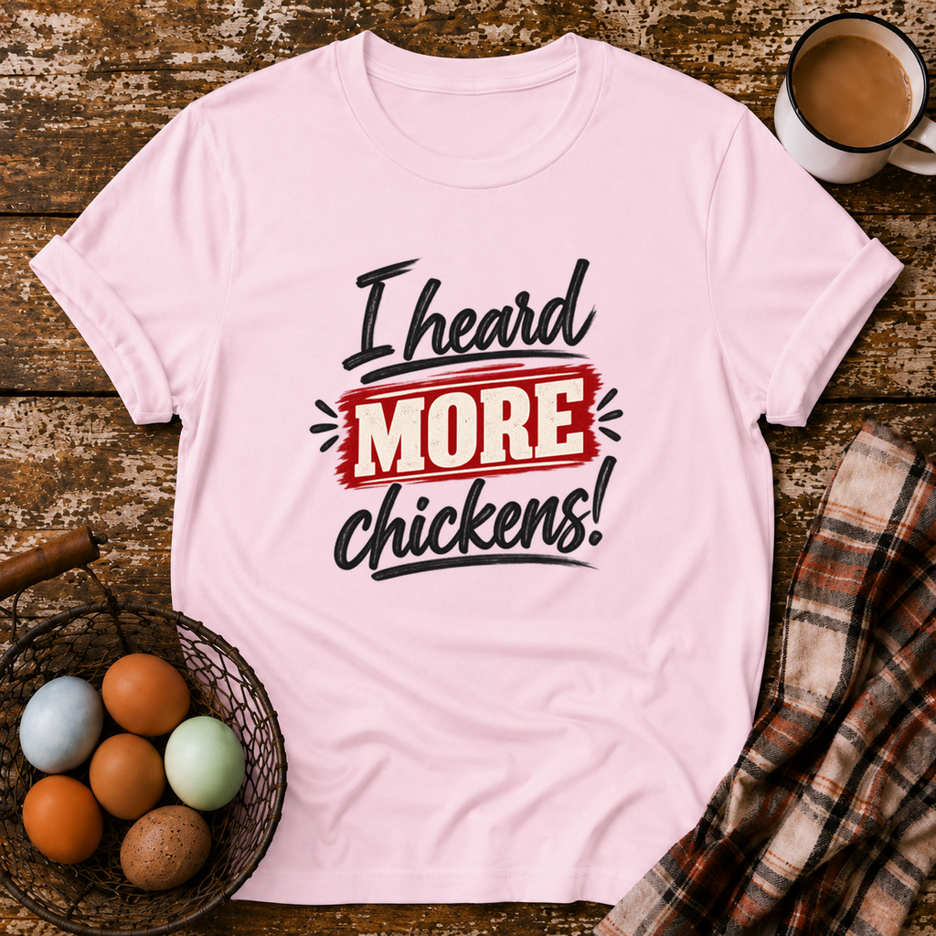 I Heard More Chickens T-Shirt in Light Pink on Shady Hen Mercantile Evergreen mockup