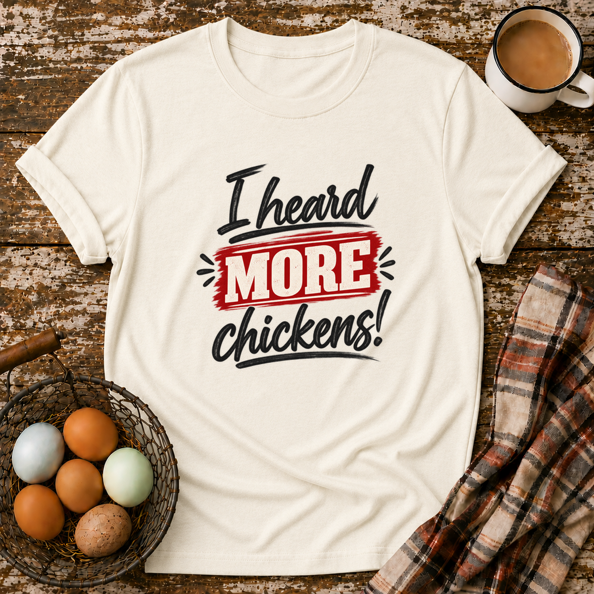 I Heard More Chickens T-Shirt in Natural on Shady Hen Mercantile Evergreen mockup