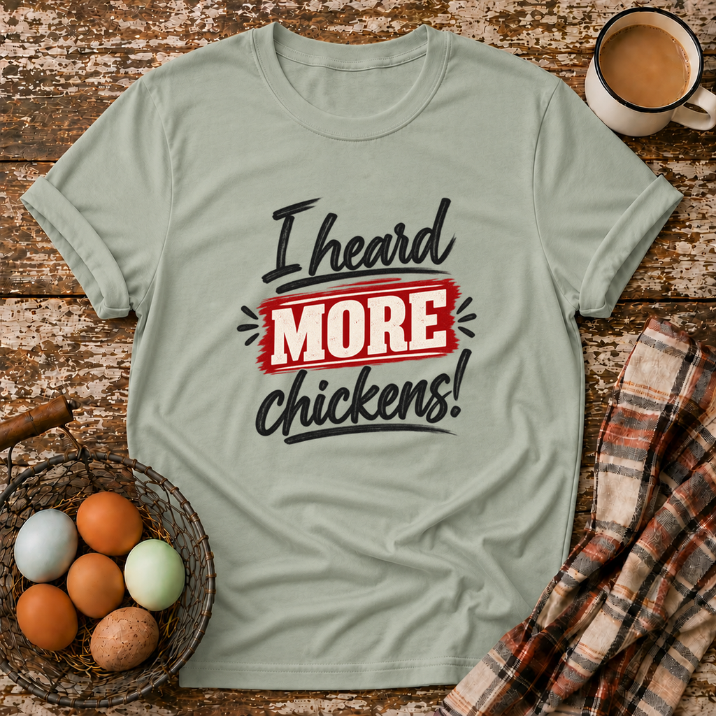 I Heard More Chickens T-Shirt in Sage on Shady Hen Mercantile Evergreen mockup