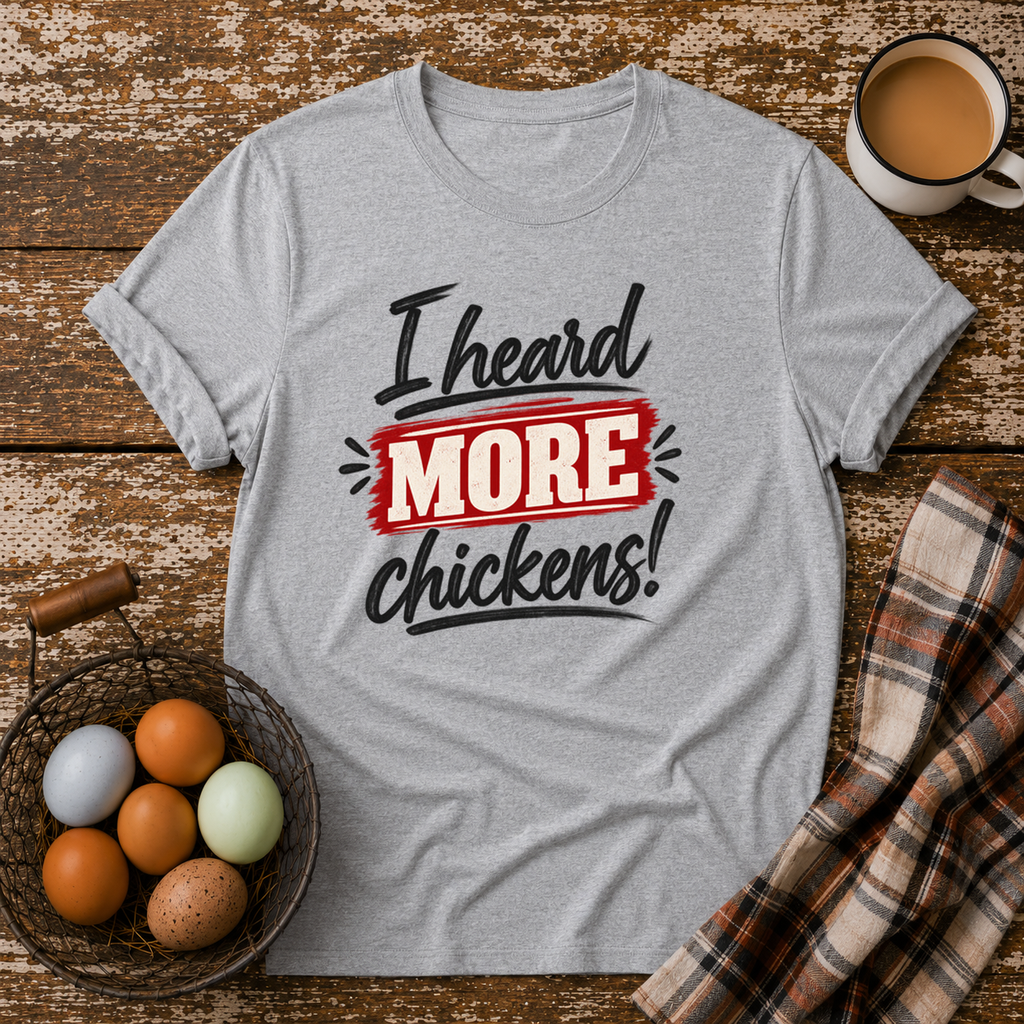 I Heard More Chickens T-Shirt in Sport Grey on Shady Hen Mercantile Evergreen mockup