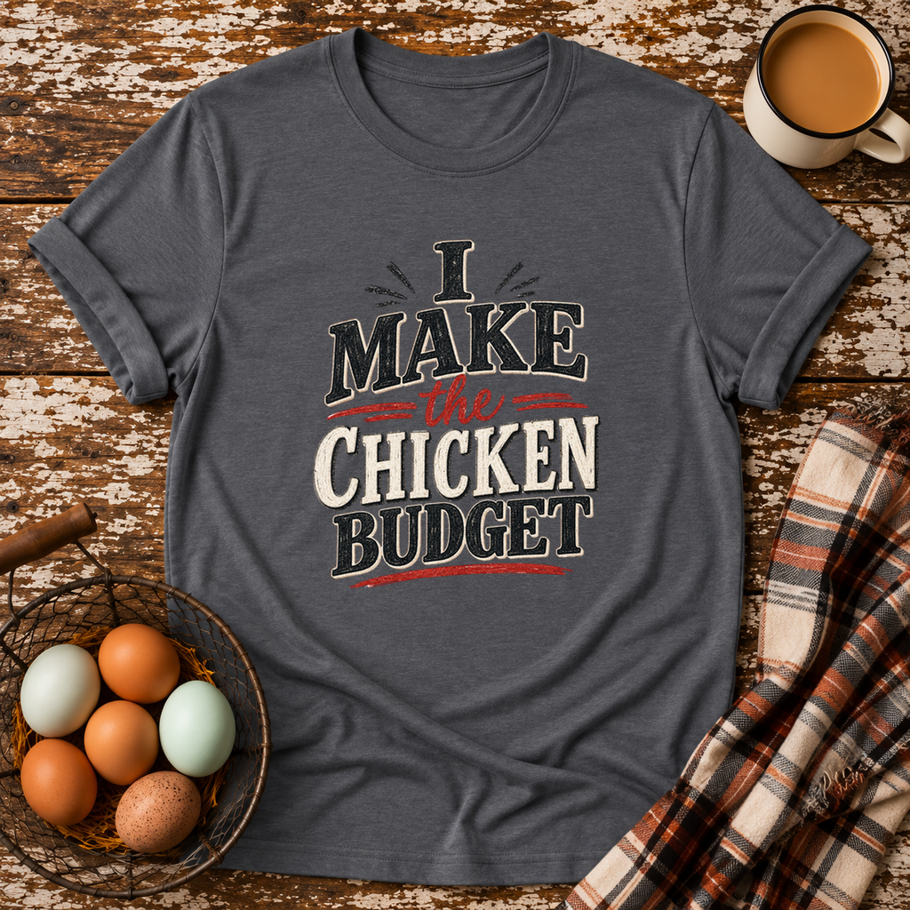 I Make the Chicken Budget T-Shirt in Graphite Heather on Shady Hen Mercantile Evergreen mockup