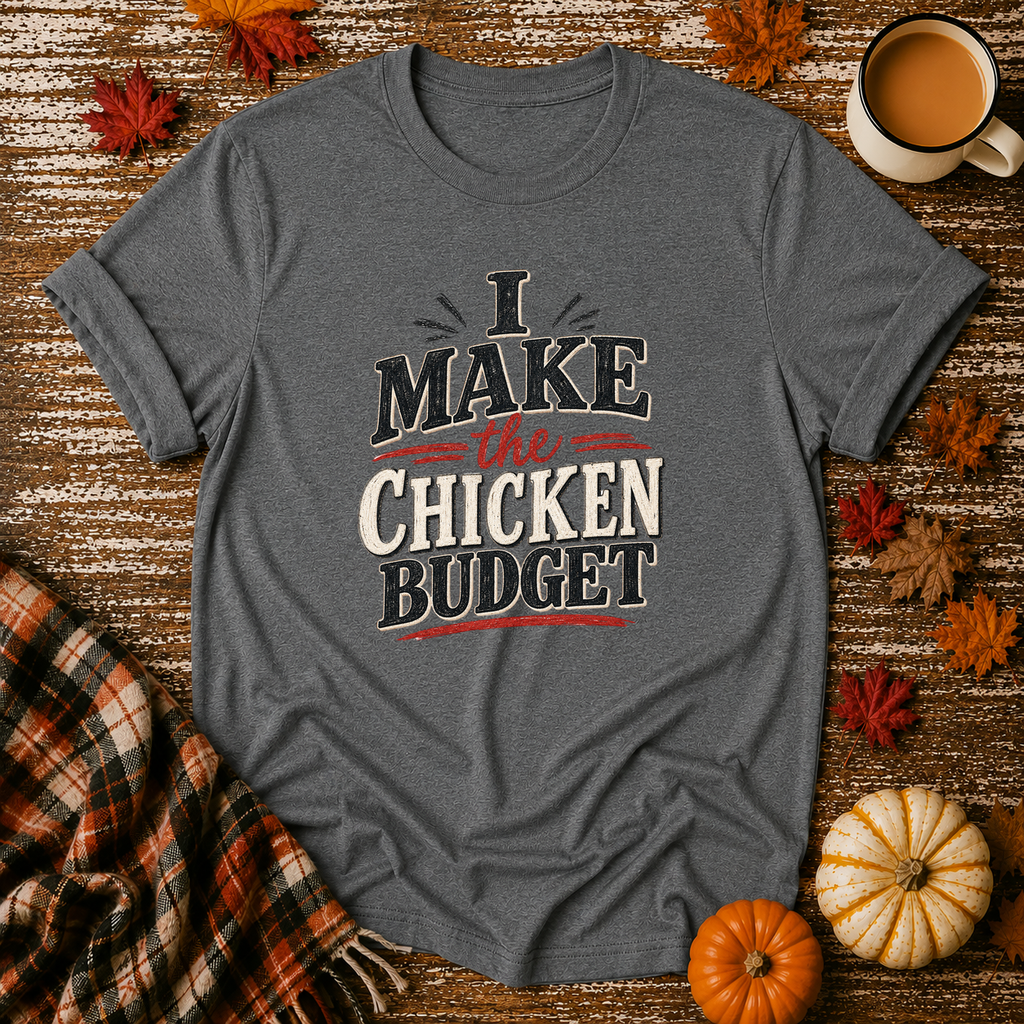 I Make the Chicken Budget T-Shirt in Graphite Heather on Shady Hen Mercantile Fall mockup